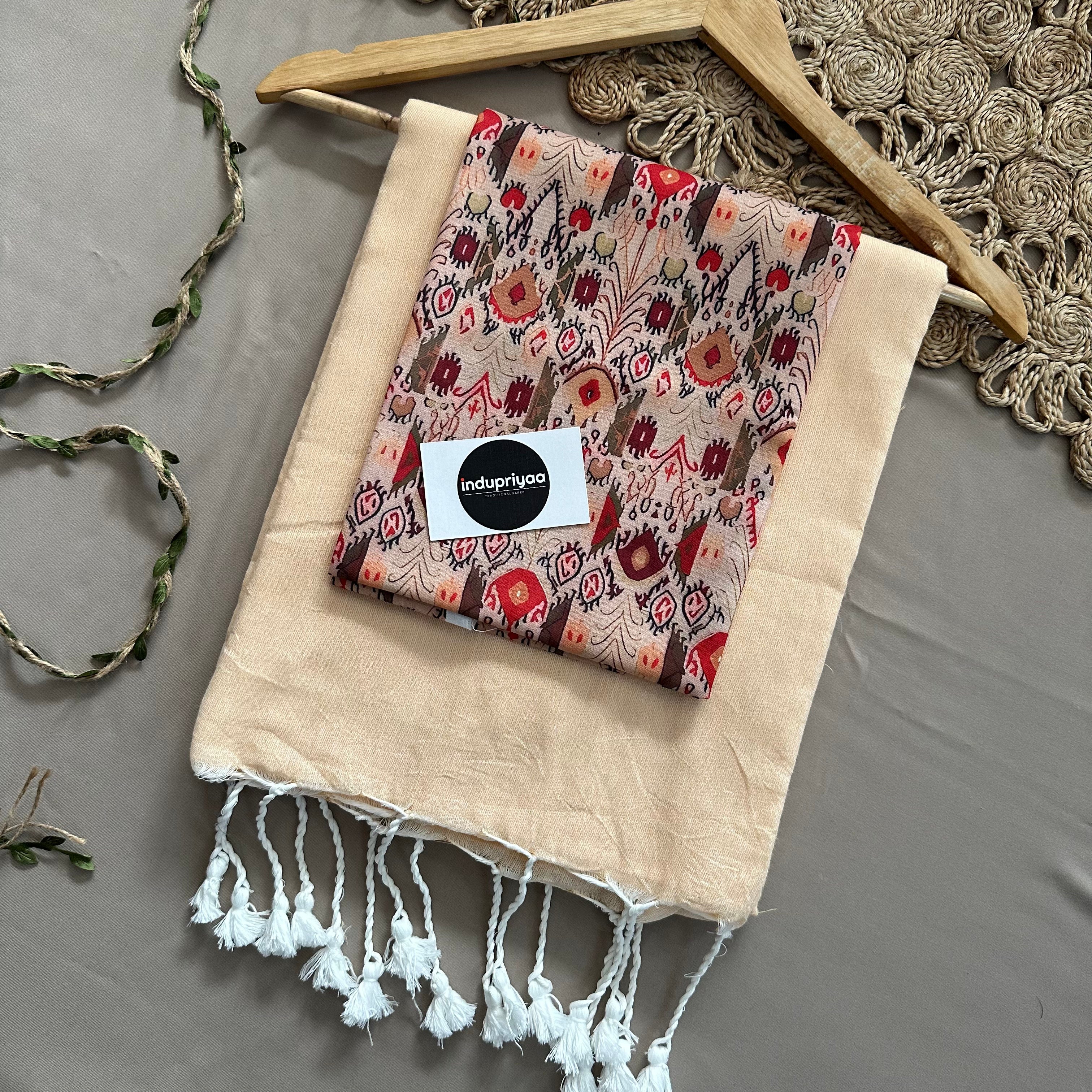 Beige Handloom Cotton Saree With Ikkat Print Blouse