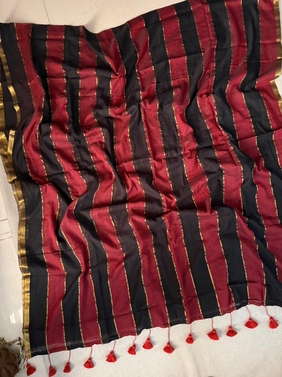 Premium Marrun Black Mulmul Cotton Saree Breathable Casual Wear