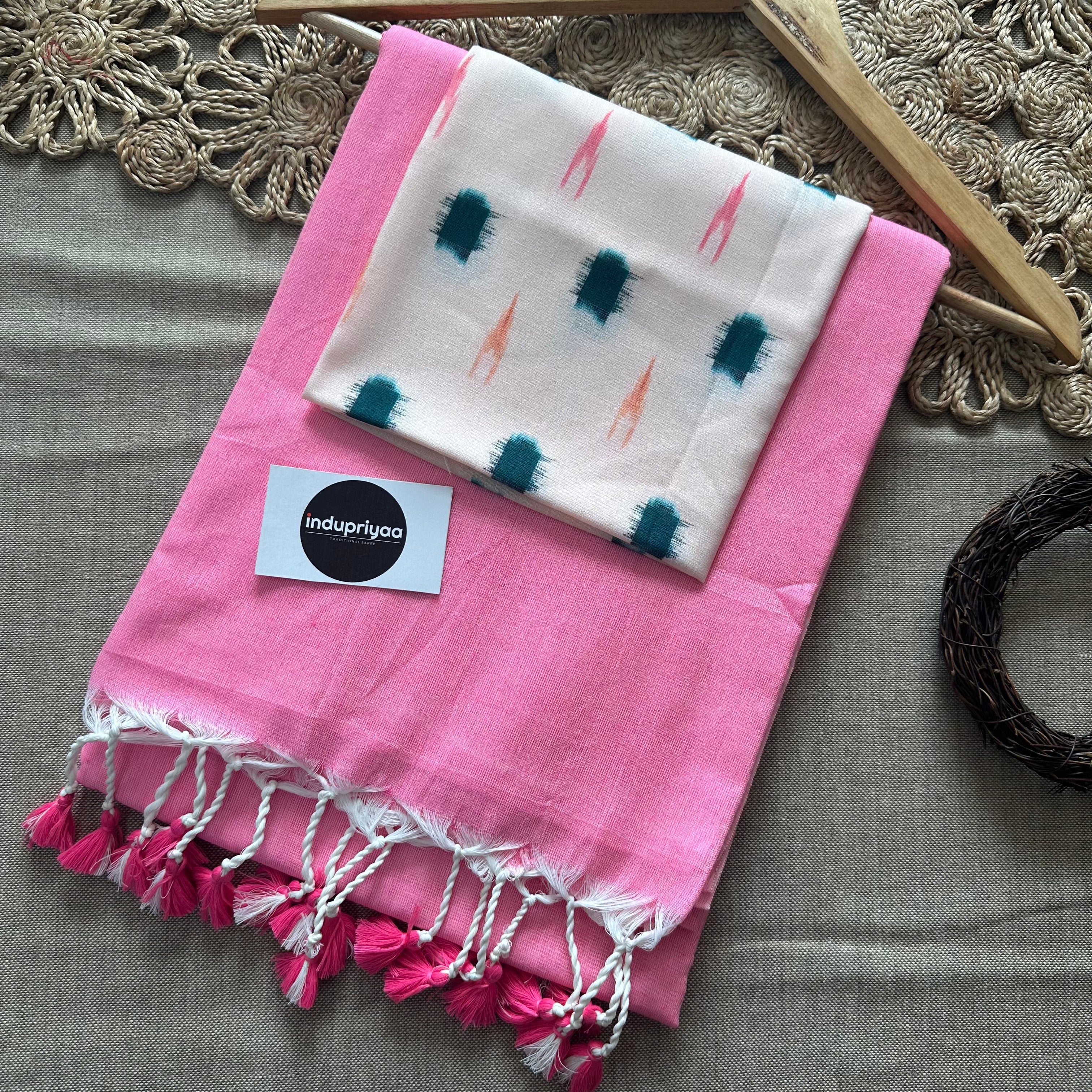 Baby Pink Handloom Cotton Saree With Ikkat Print Blouse