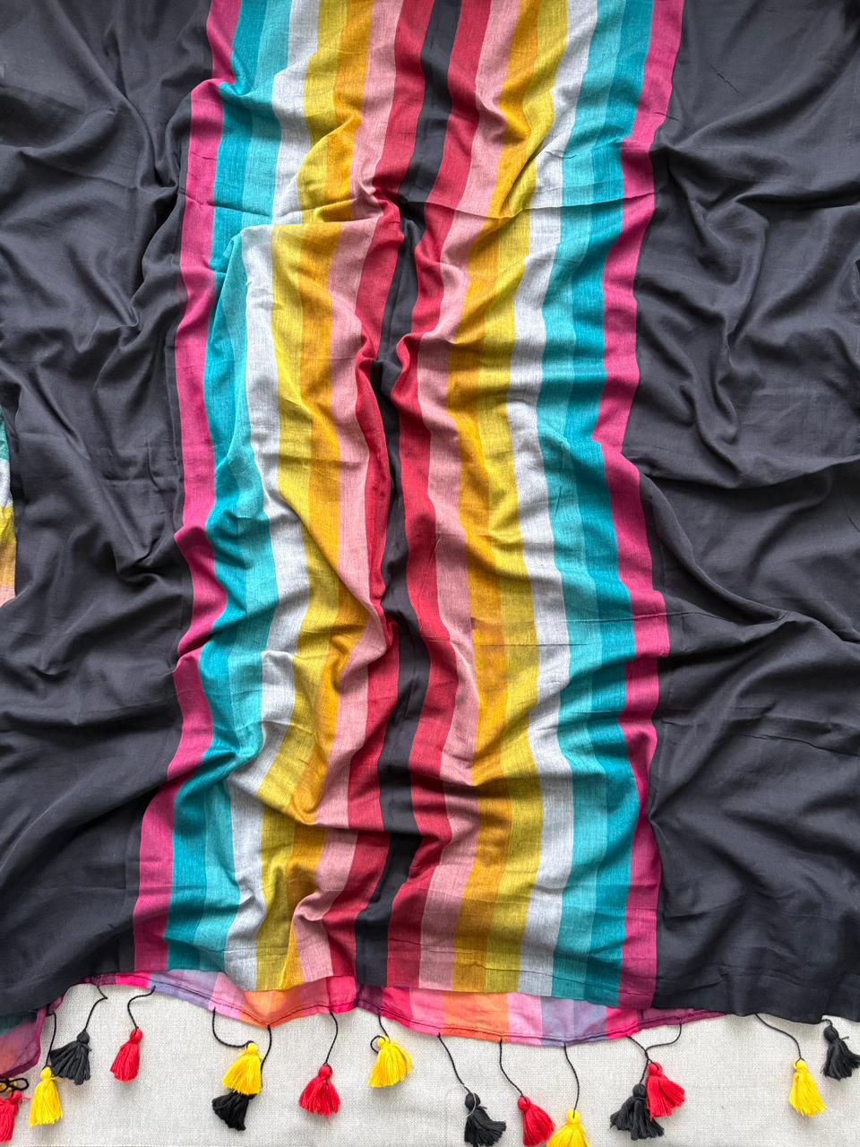 Classic Black Mulmul Cotton Saree Lightweight Daily Collection