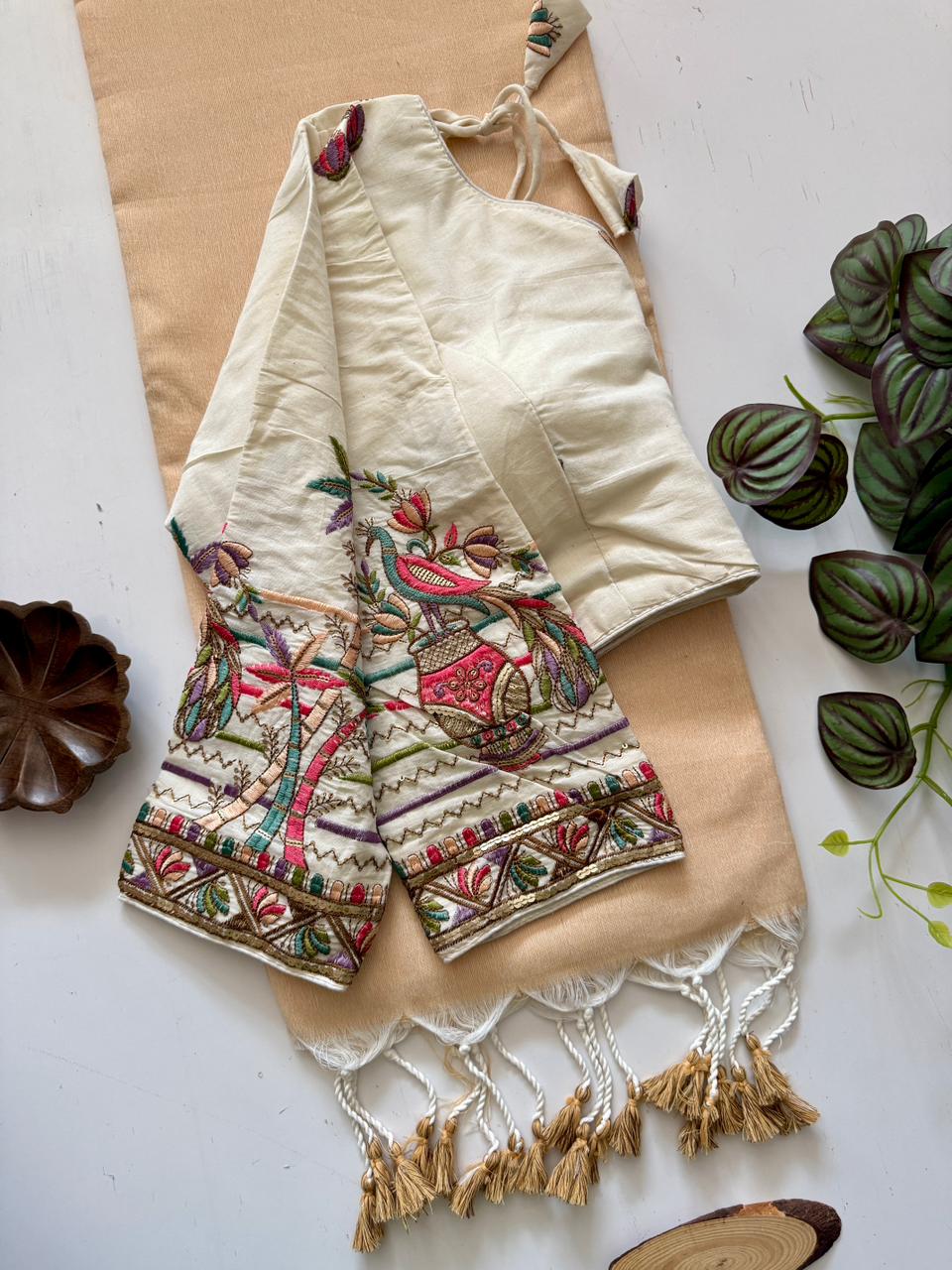 Traditional Chiku Handloom Cotton Saree With Designer Stitched Blouse