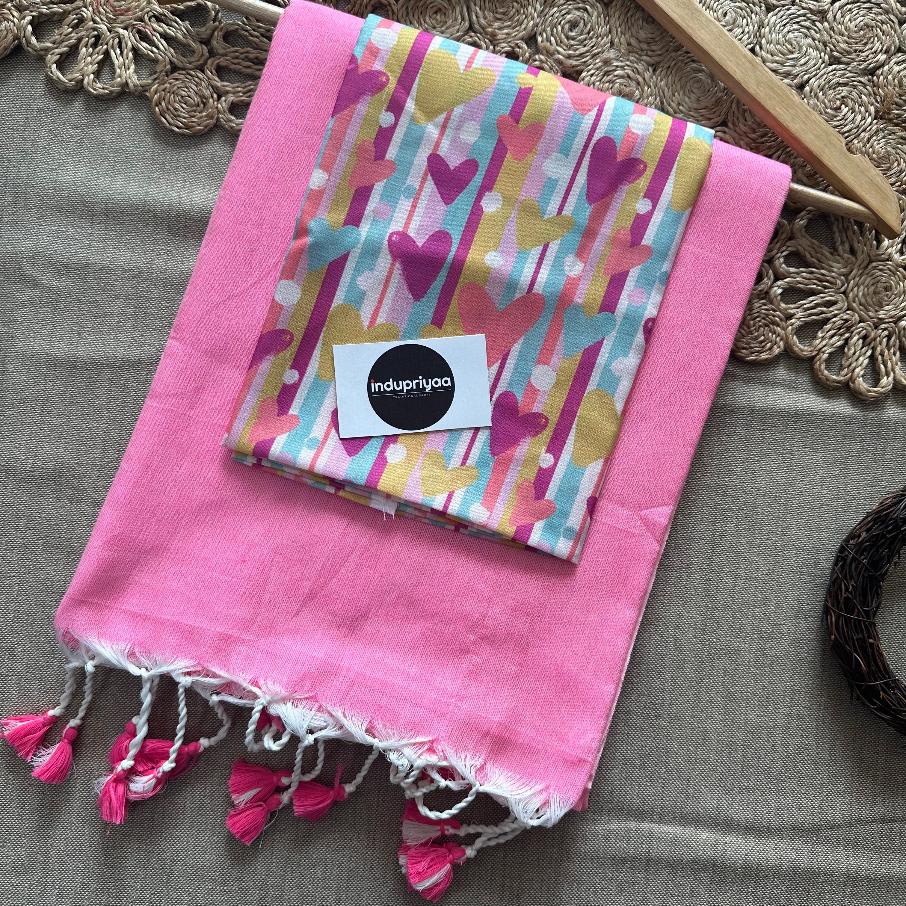 Baby Pink Handloom Cotton Saree With Multi Heart Print Blouse