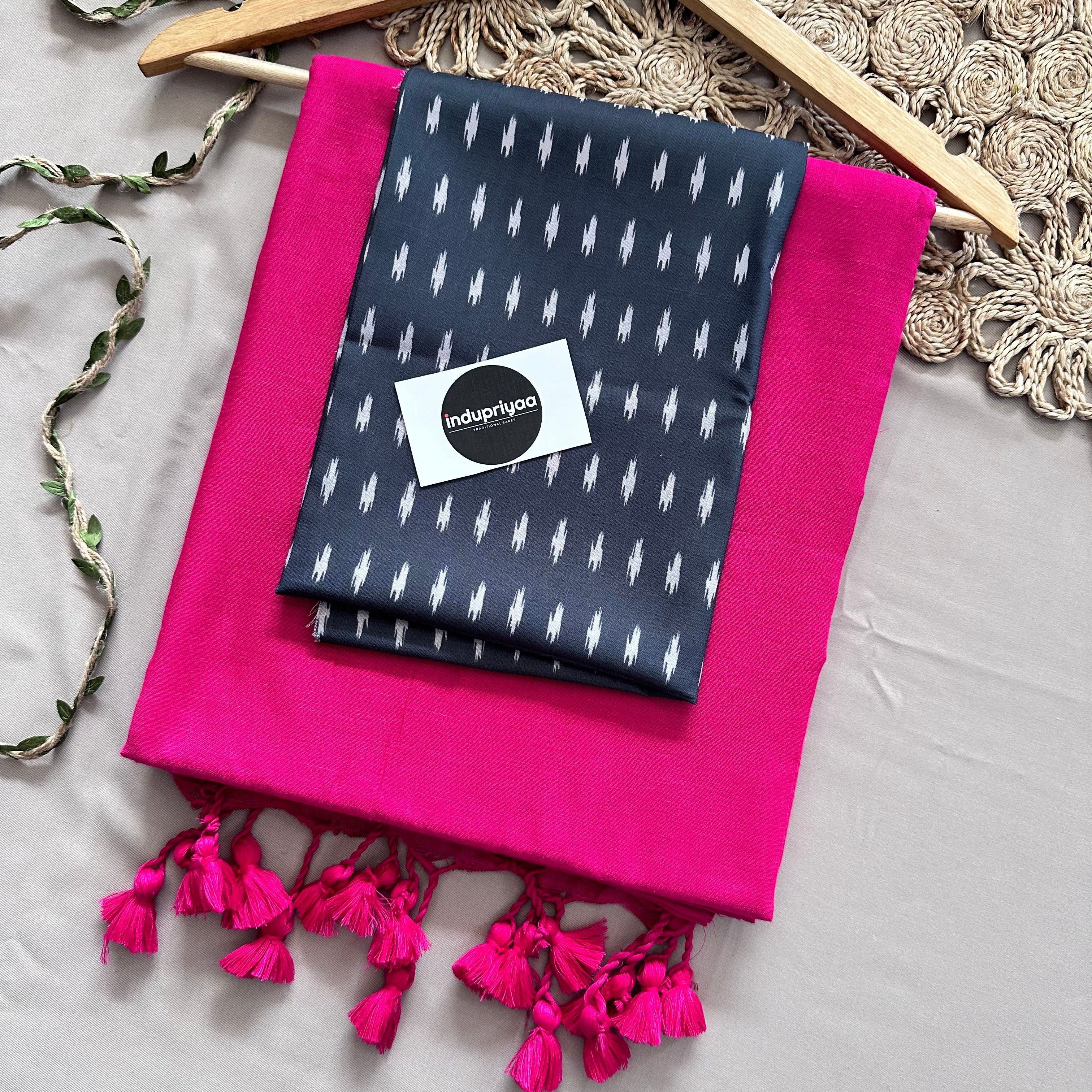 Pink Handloom Cotton Saree With  Black Print Blouse