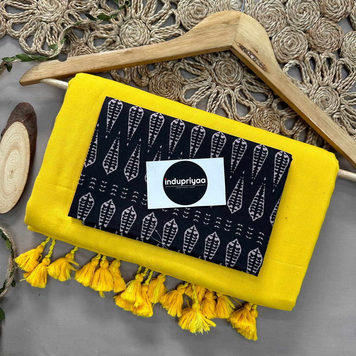 Yellow Handloom Cotton Saree With Black Print Blouse