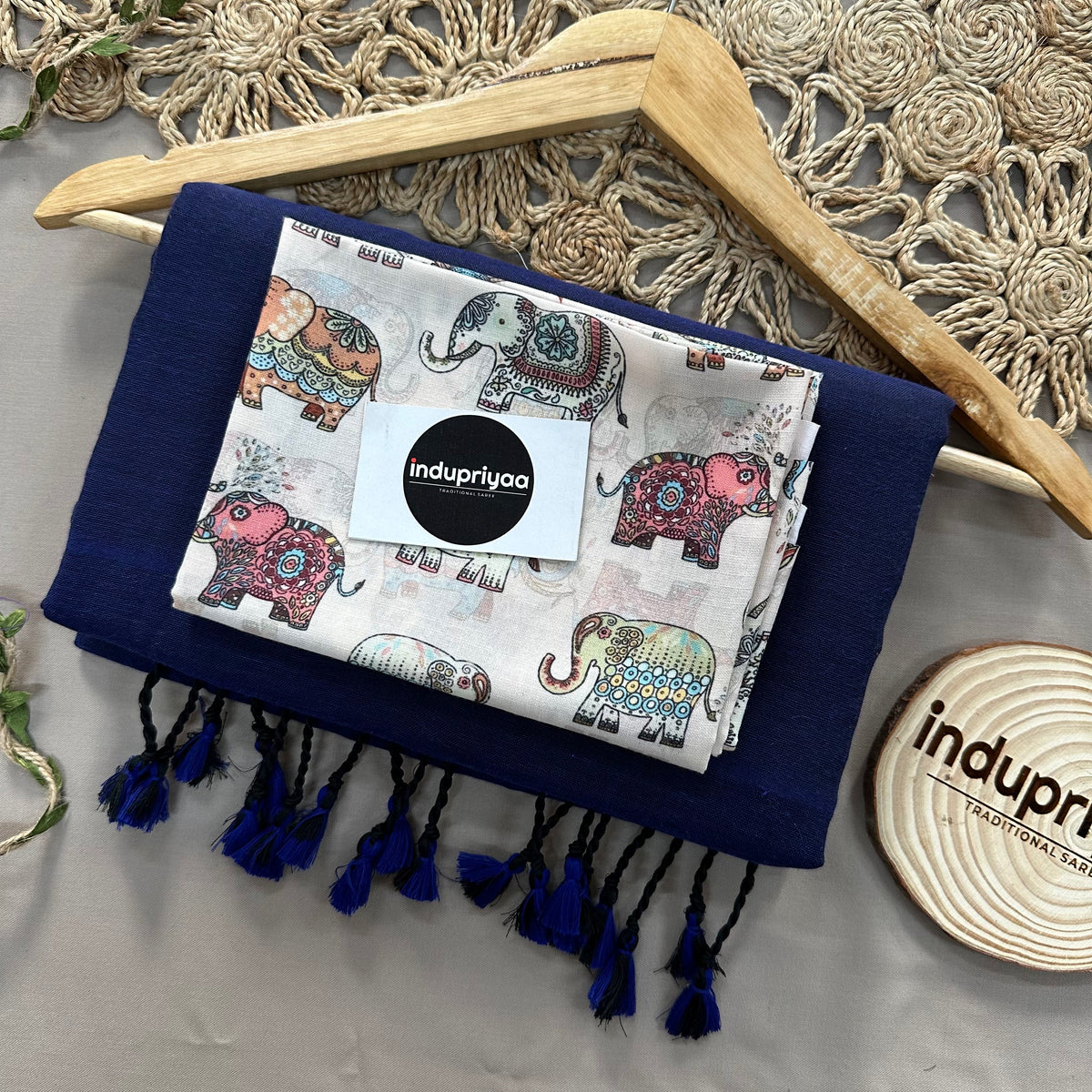 Navy Blue Handloom Cotton Saree With Elephant  Print Blouse