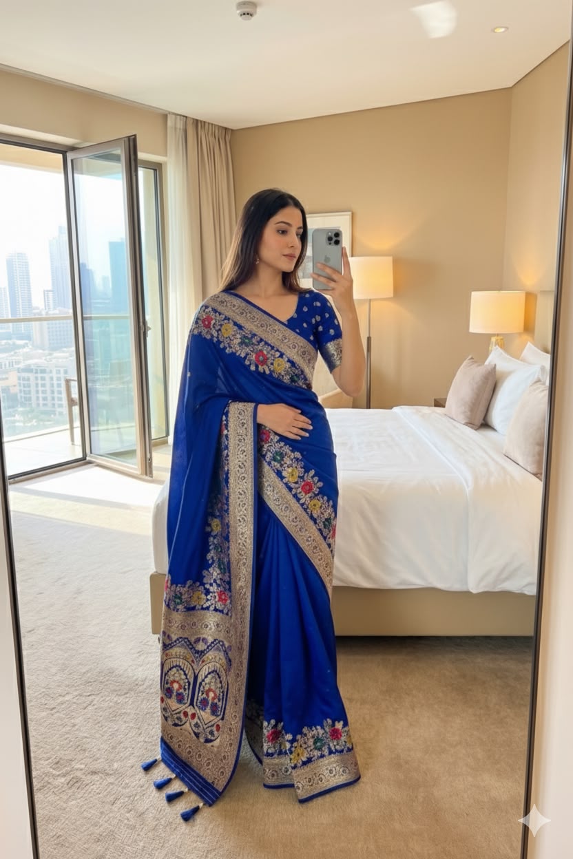 Exquisite R Blue Silk Saree Adorned with Traditional Jari Weaving and a Rich Pallu