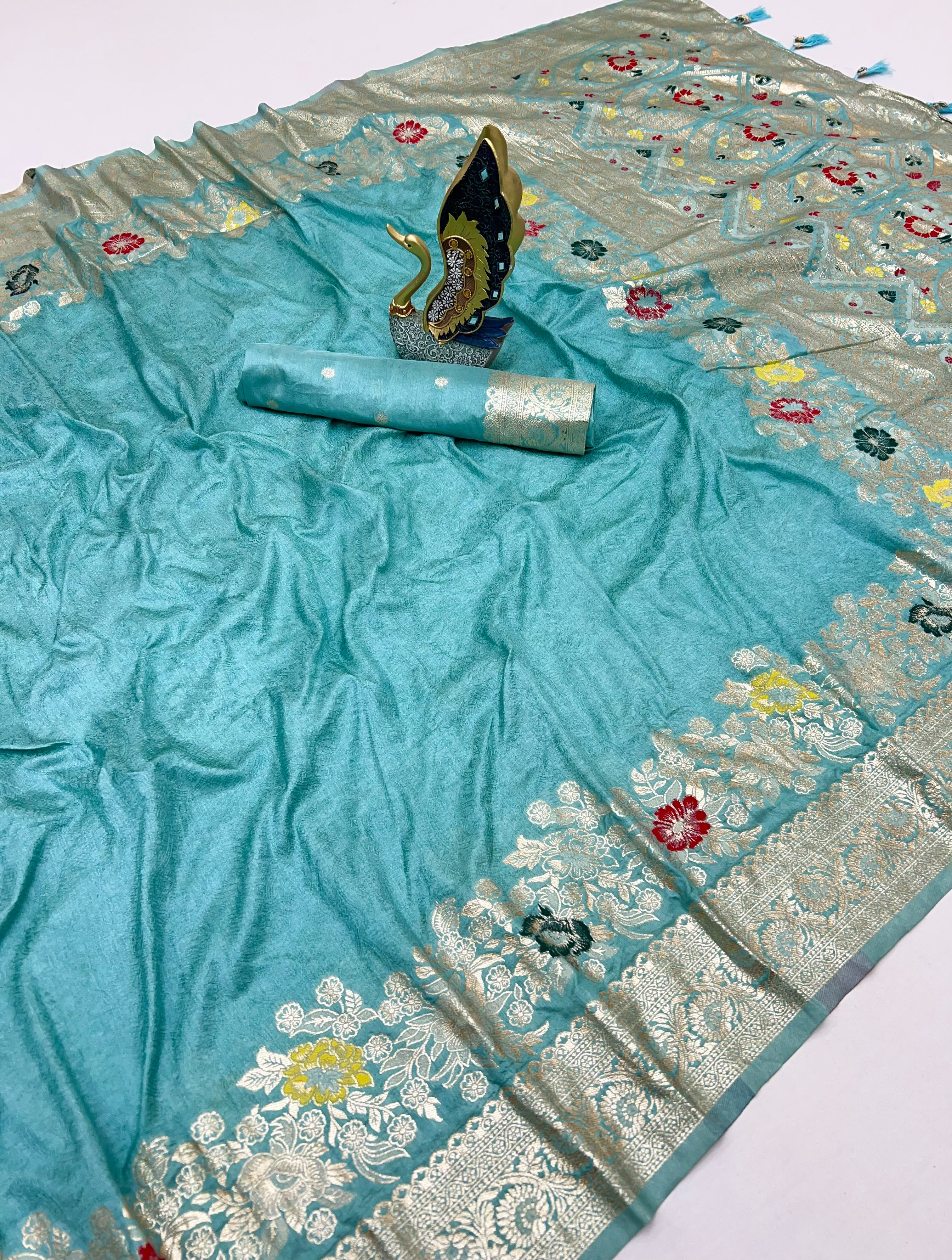 Timeless Beauty SKy  Silk Saree with Rich Jari Detailing and an Elegant Pallu