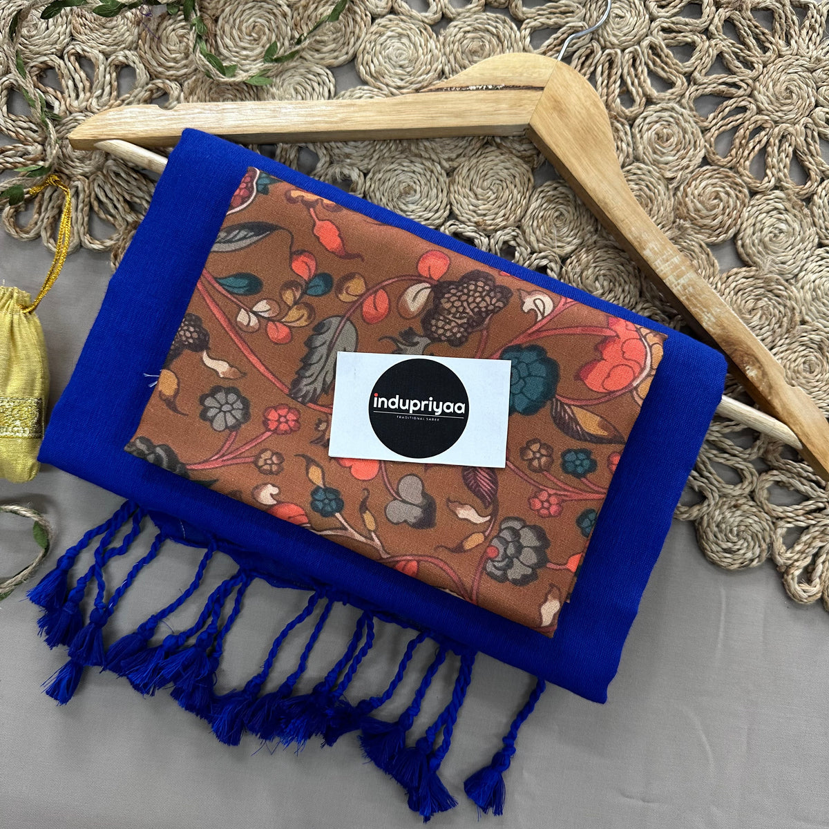 Royal Blue Handloom Cotton Saree With Brown Print Blouse