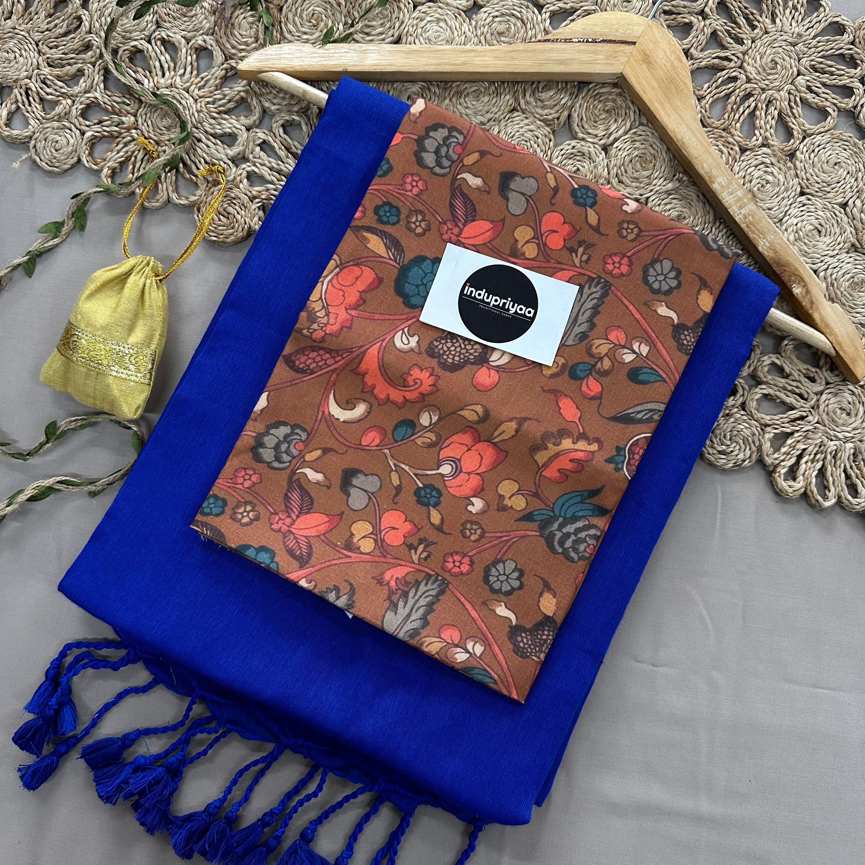 Royal Blue Handloom Cotton Saree With Brown Print Blouse