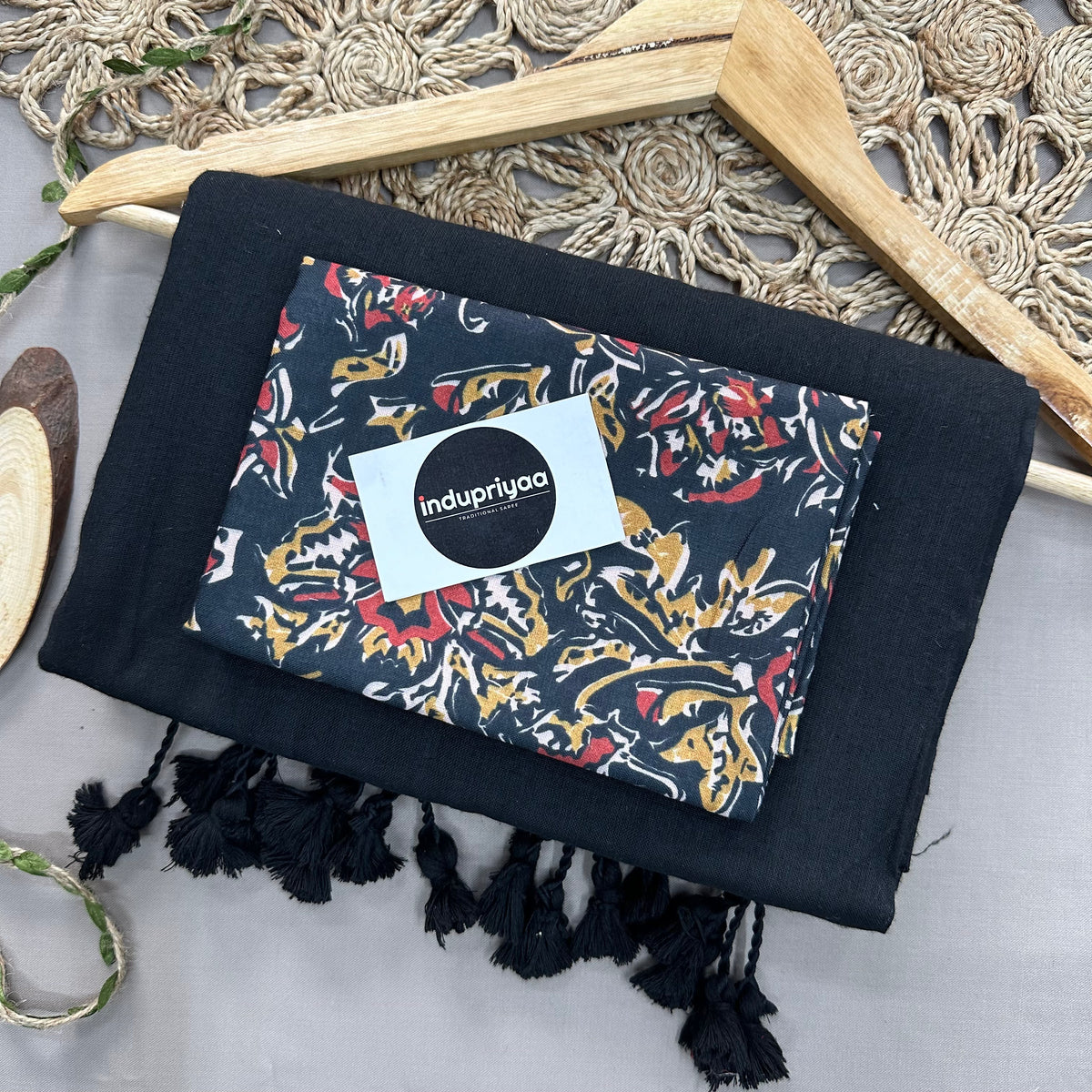 Black Handloom Cotton Saree With Black Color Print Blouse