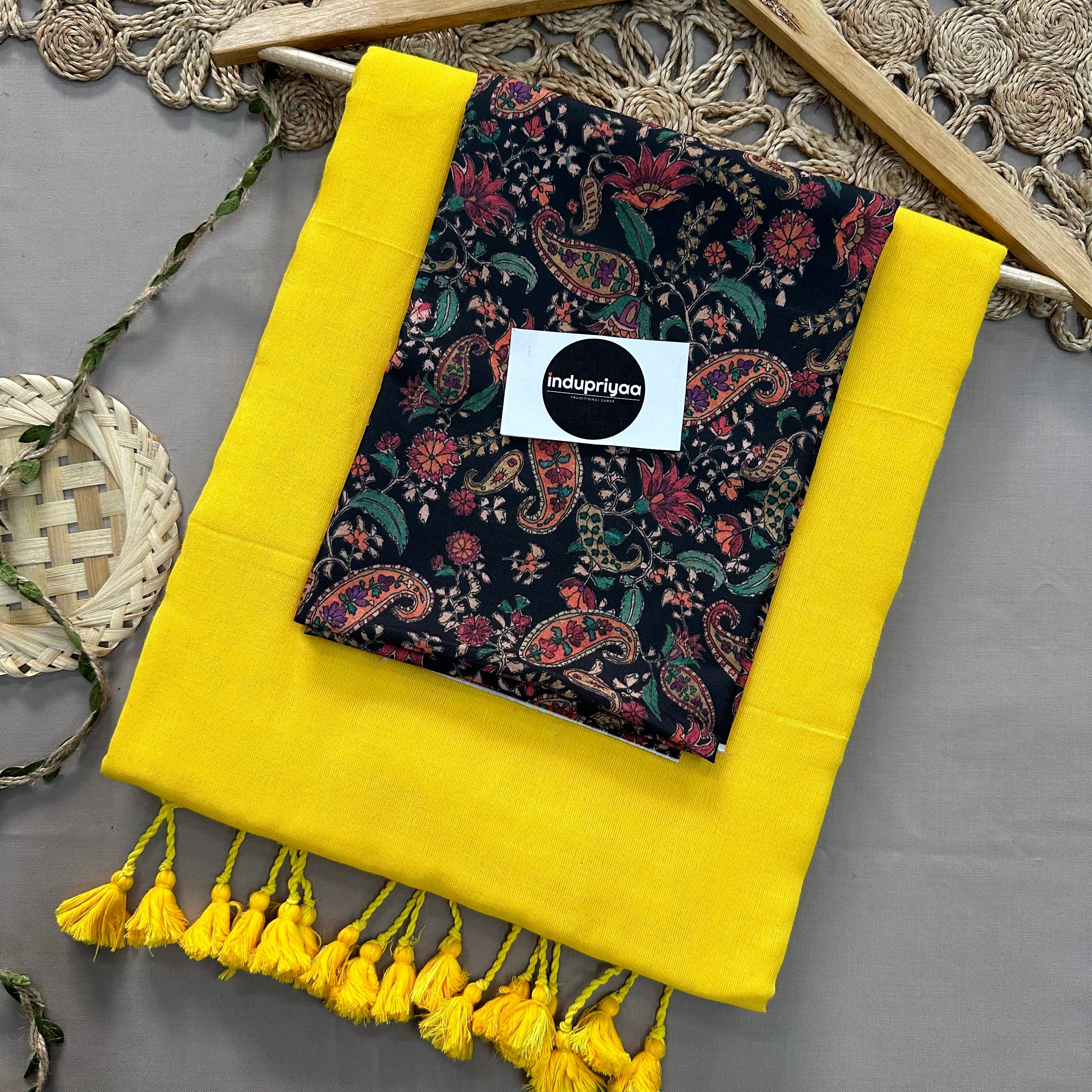 Yellow Handloom Cotton Saree With Black Mango Print Blouse