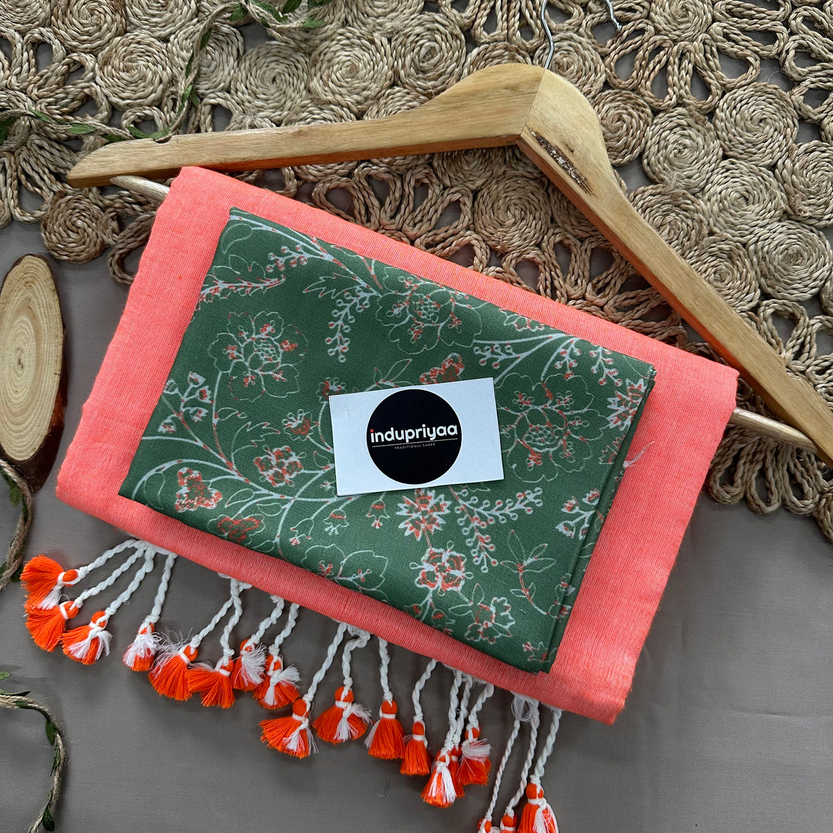 Peach Handloom Cotton Saree With Green Color Print Blouse