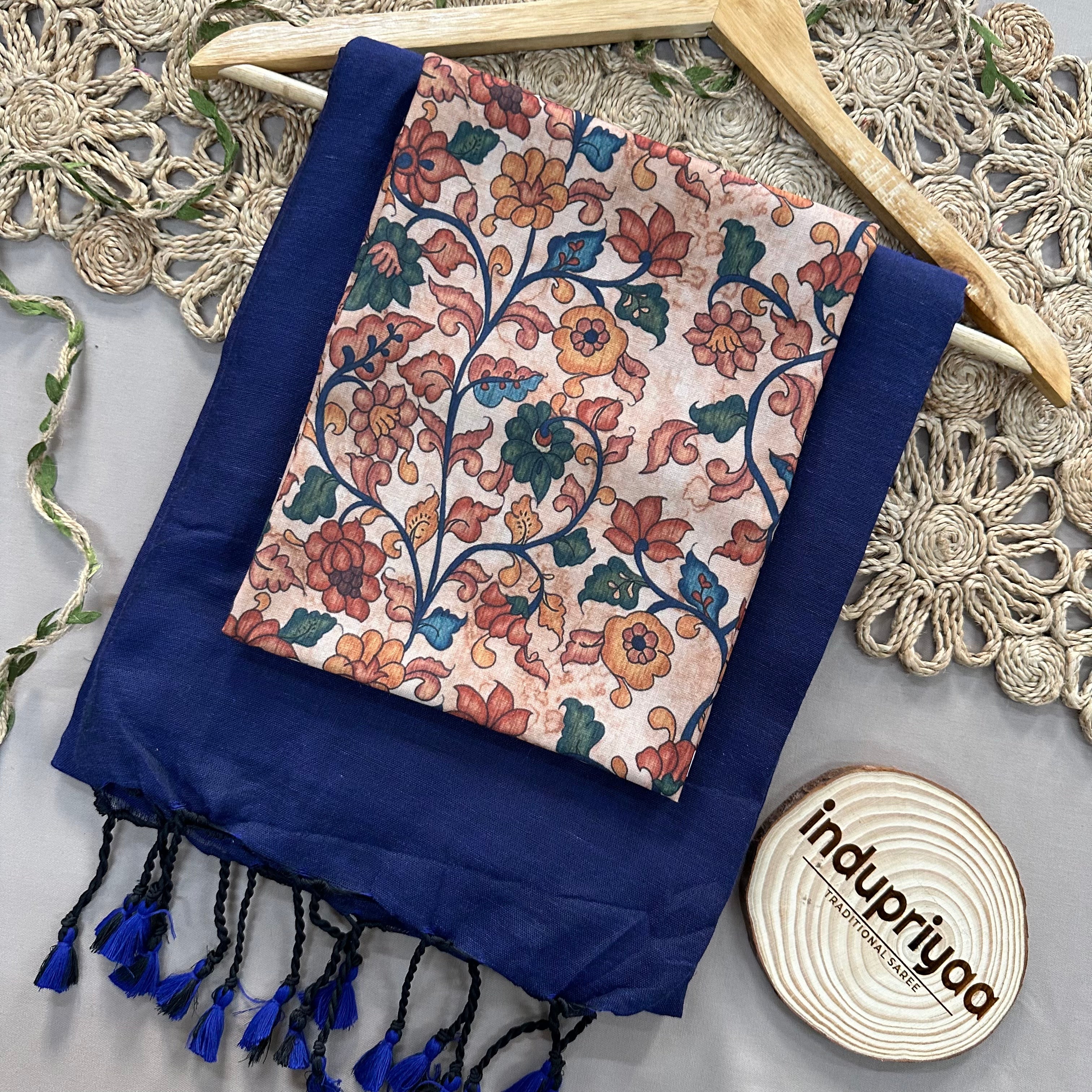 Navy Blue  Handloom Cotton Saree With Brown Print Blouse