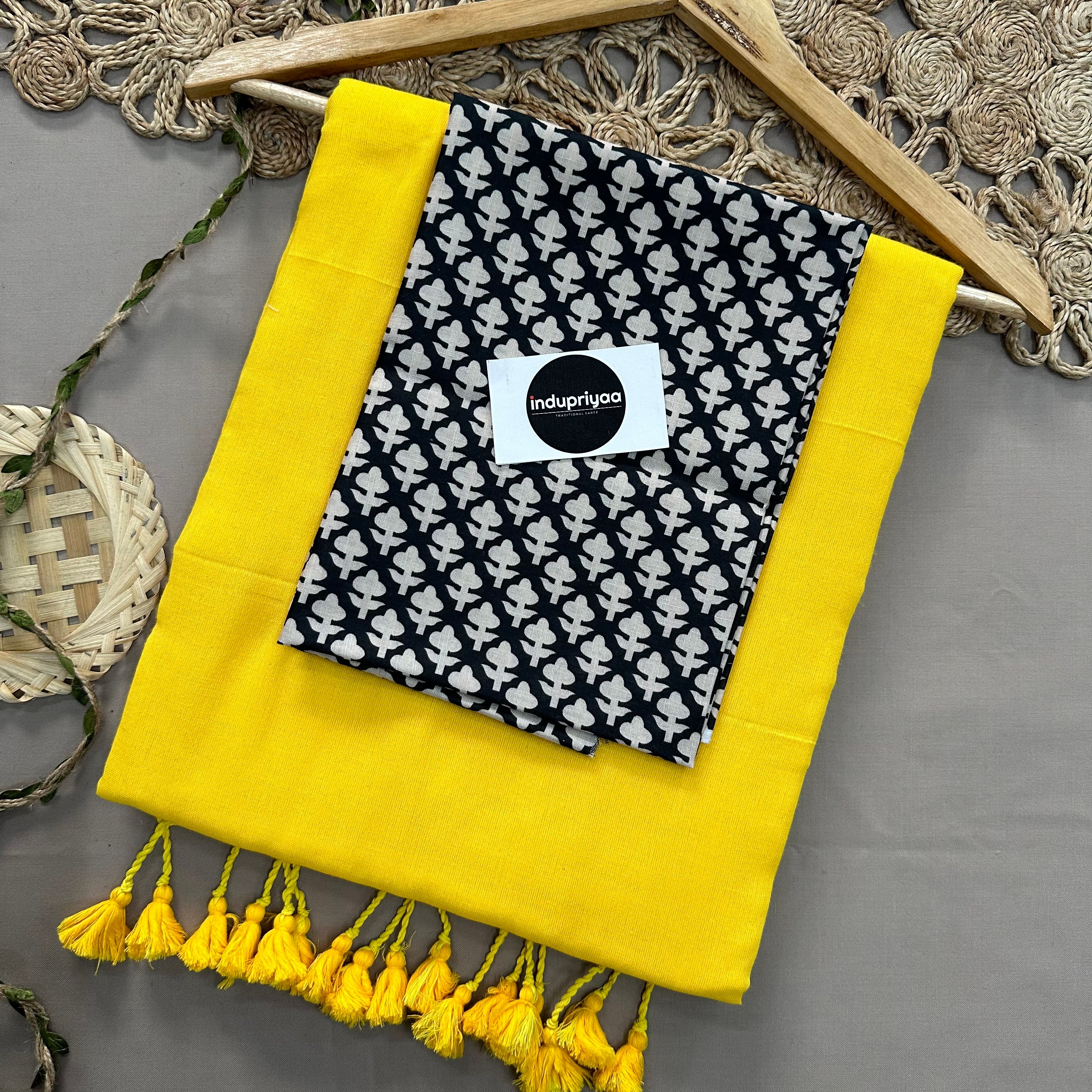 Yellow Handloom Cotton Saree With Black Print Blouse