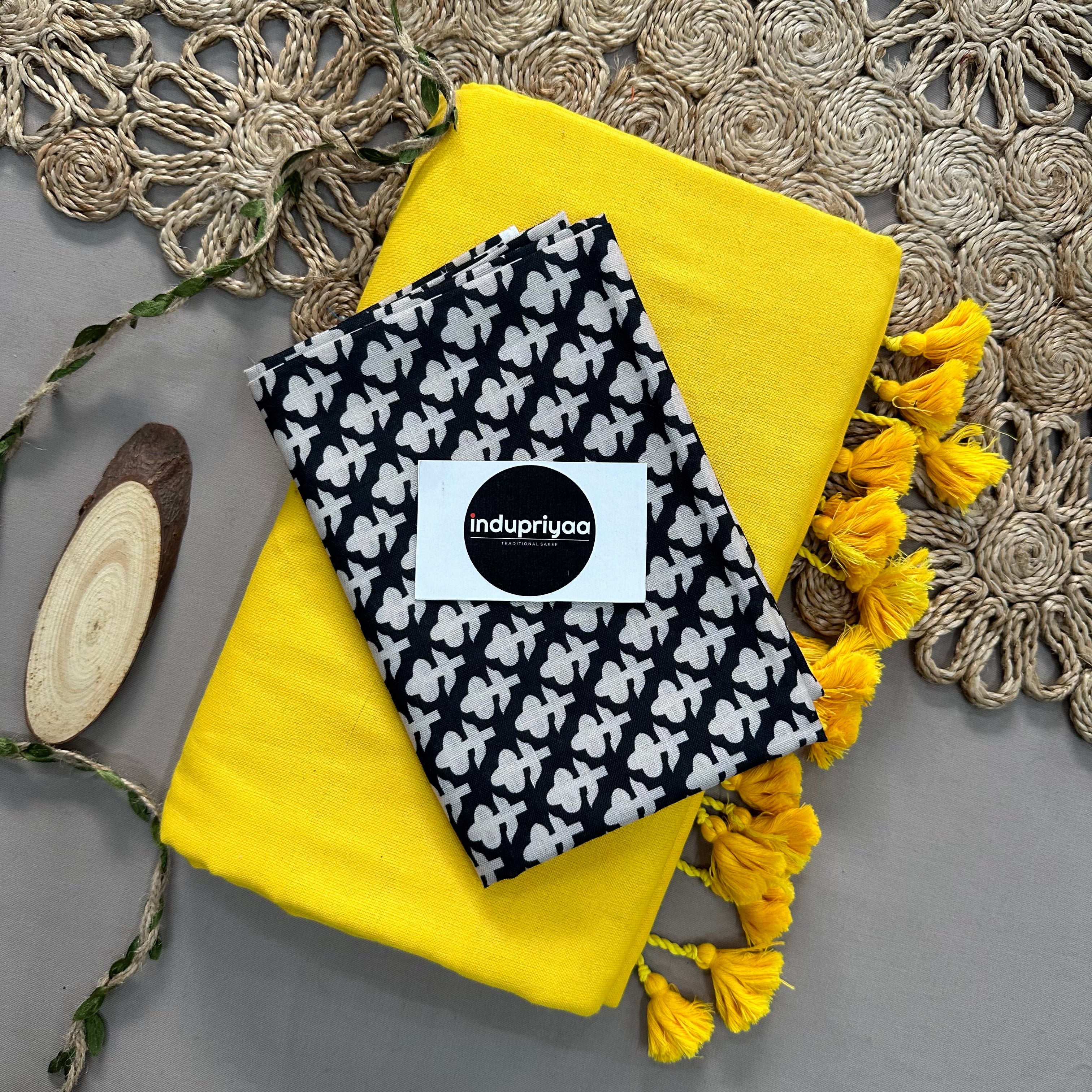 Yellow Handloom Cotton Saree With Black Print Blouse