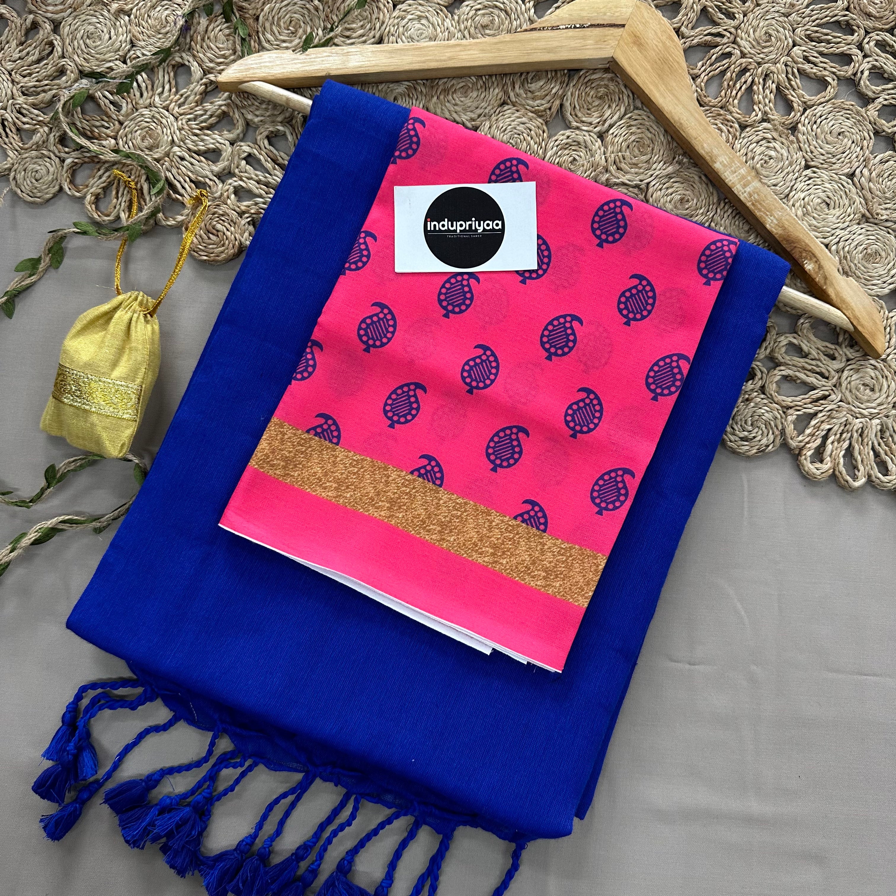 Royal Blue Handloom Cotton Saree With Pink Mango Print Blouse