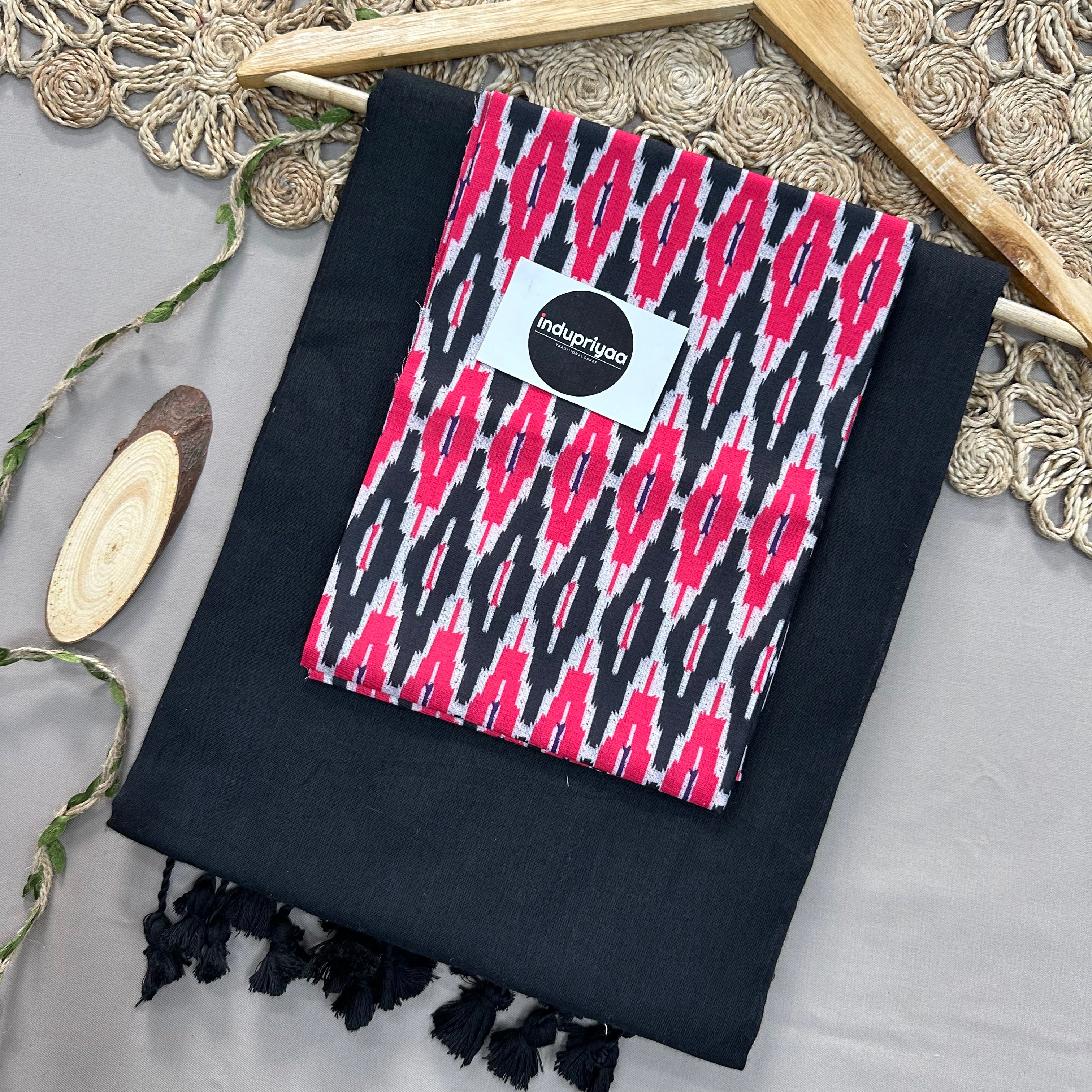 Black Handloom Cotton Saree With Ikkat Print Blouse