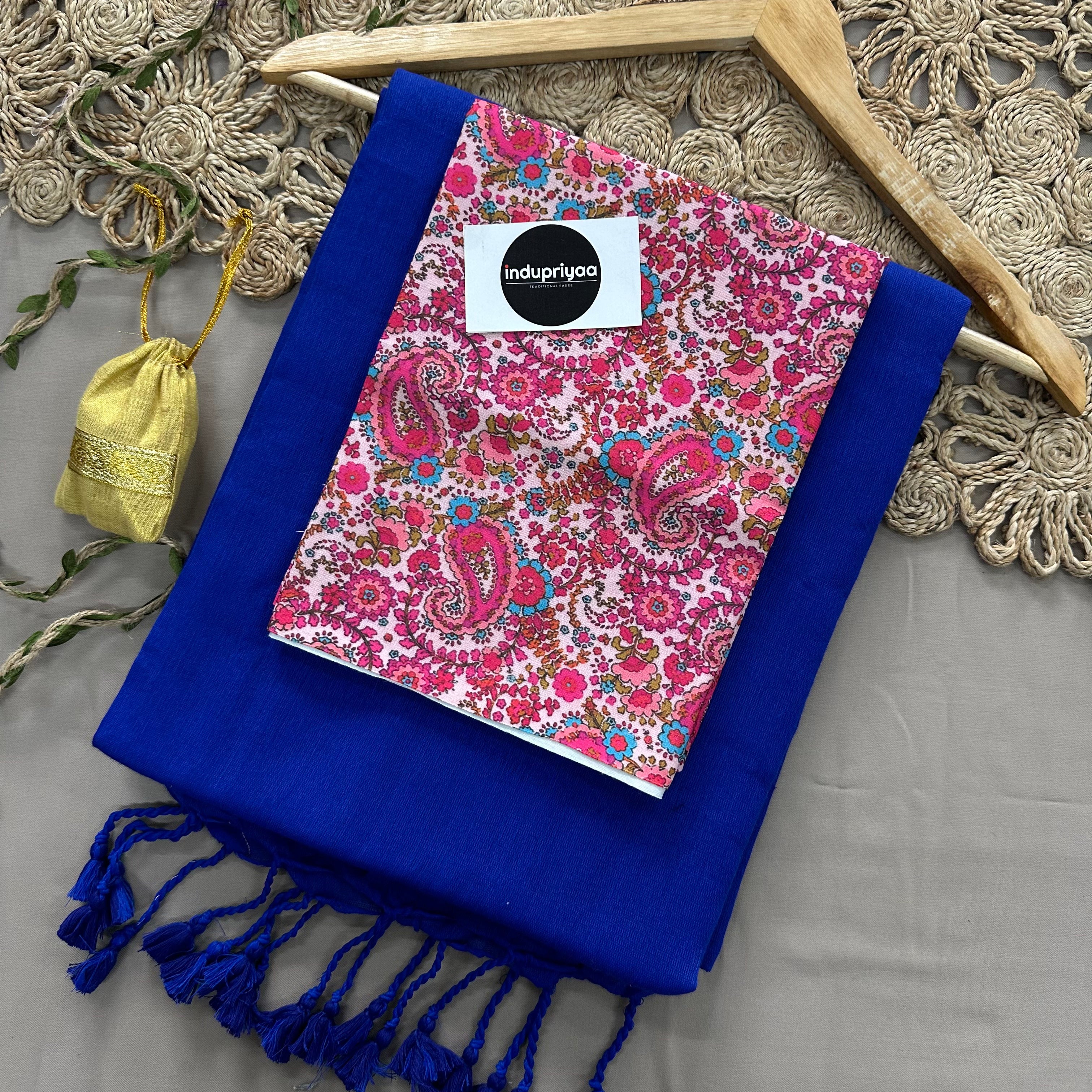 Royal Blue Handloom Cotton Saree With Mango Print Blouse