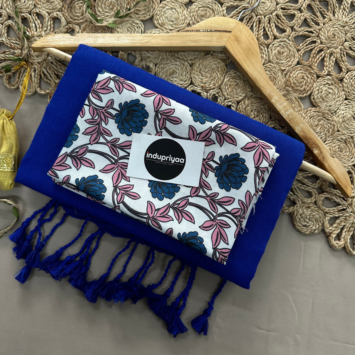 Royal Blue Handloom Cotton Saree With Flower Print Blouse