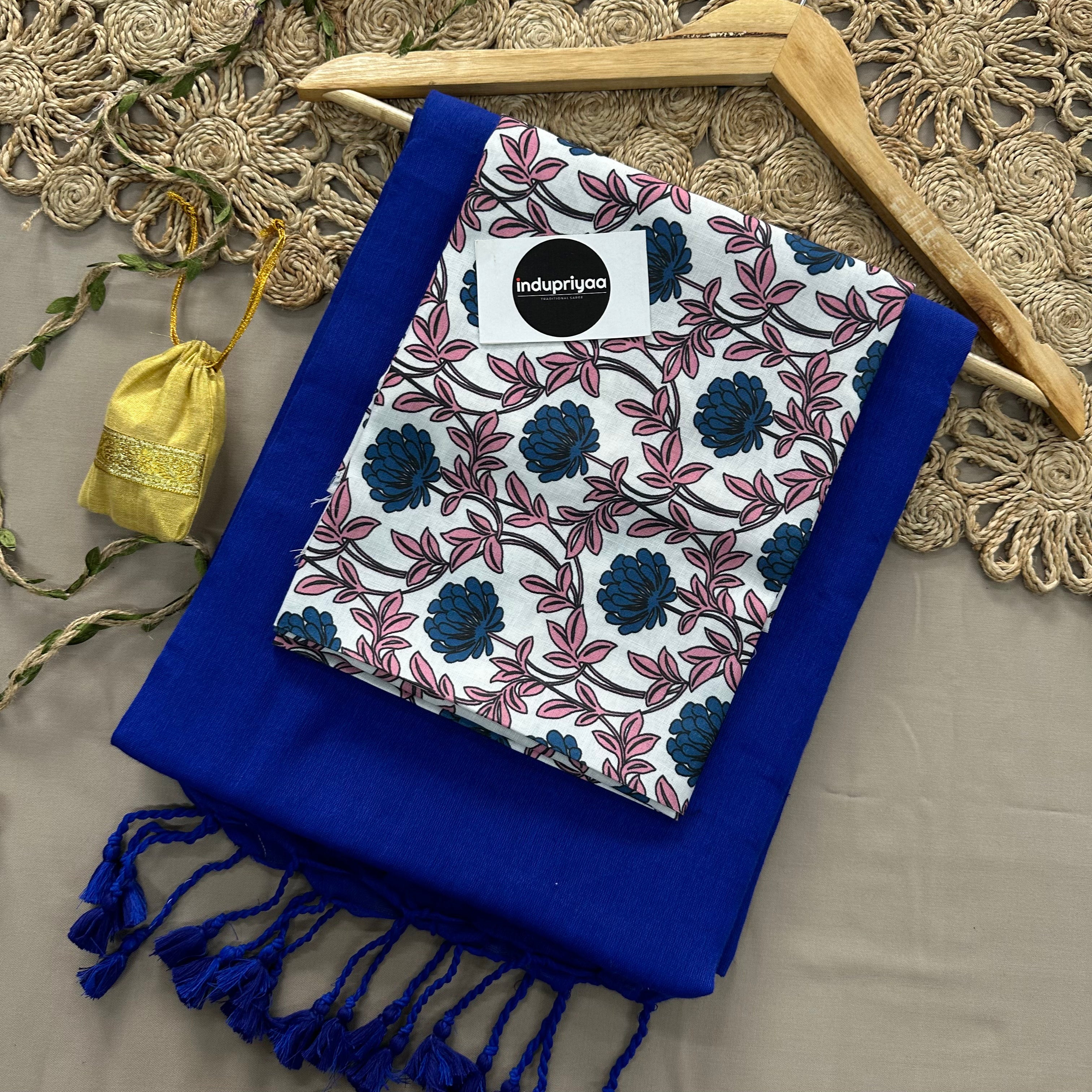 Royal Blue Handloom Cotton Saree With Flower Print Blouse