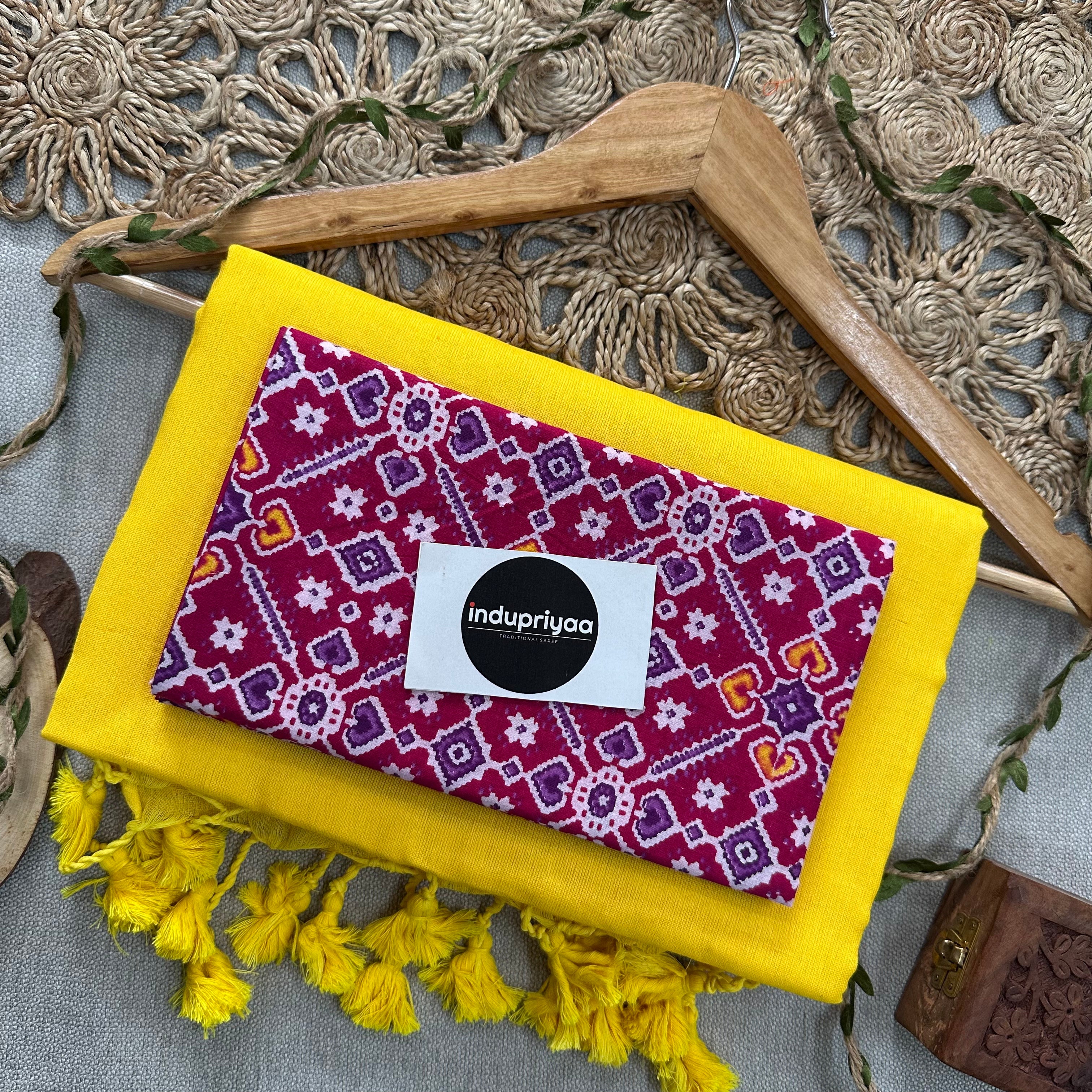 Yellow Handloom Cotton Saree With Patola Print Blouse