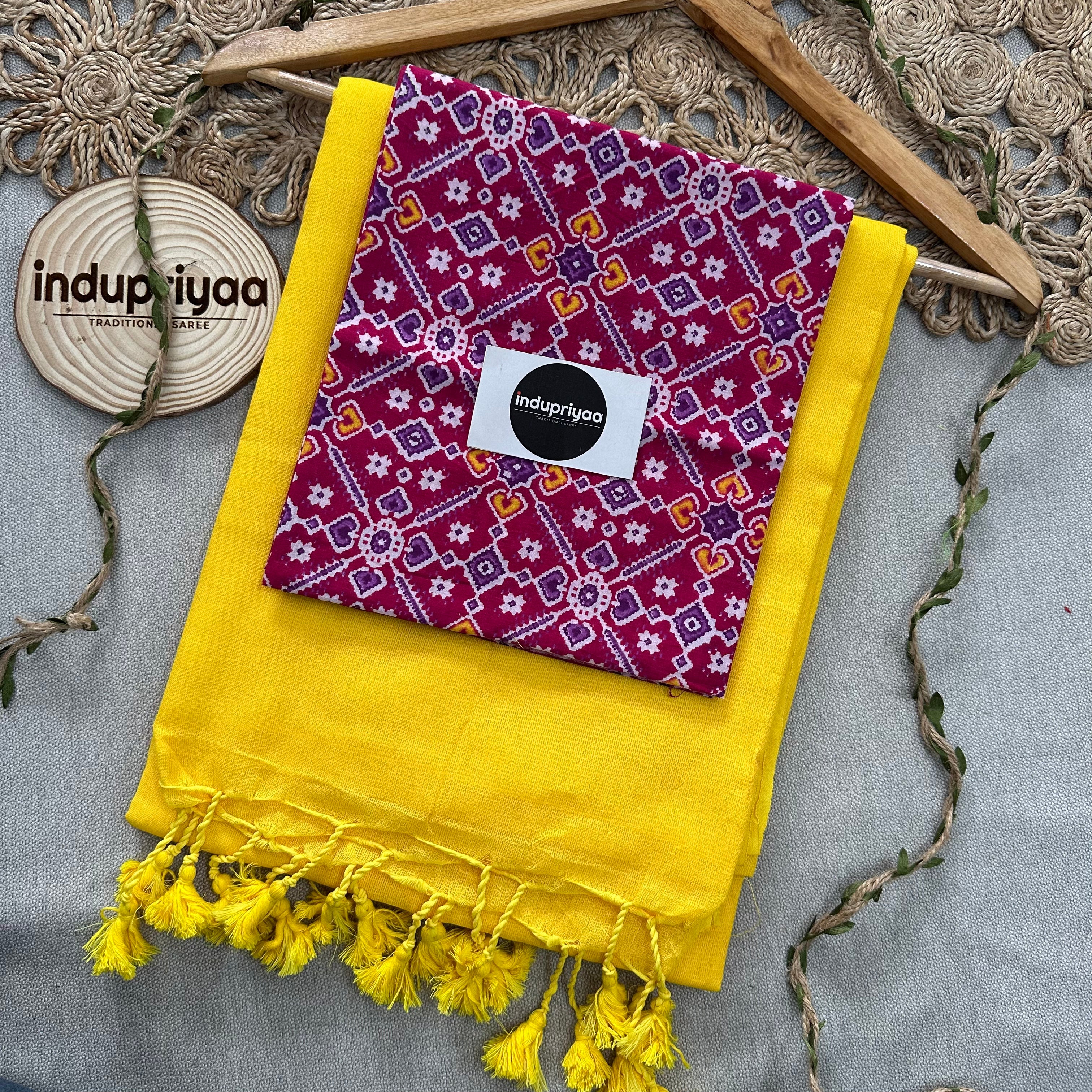 Yellow Handloom Cotton Saree With Patola Print Blouse