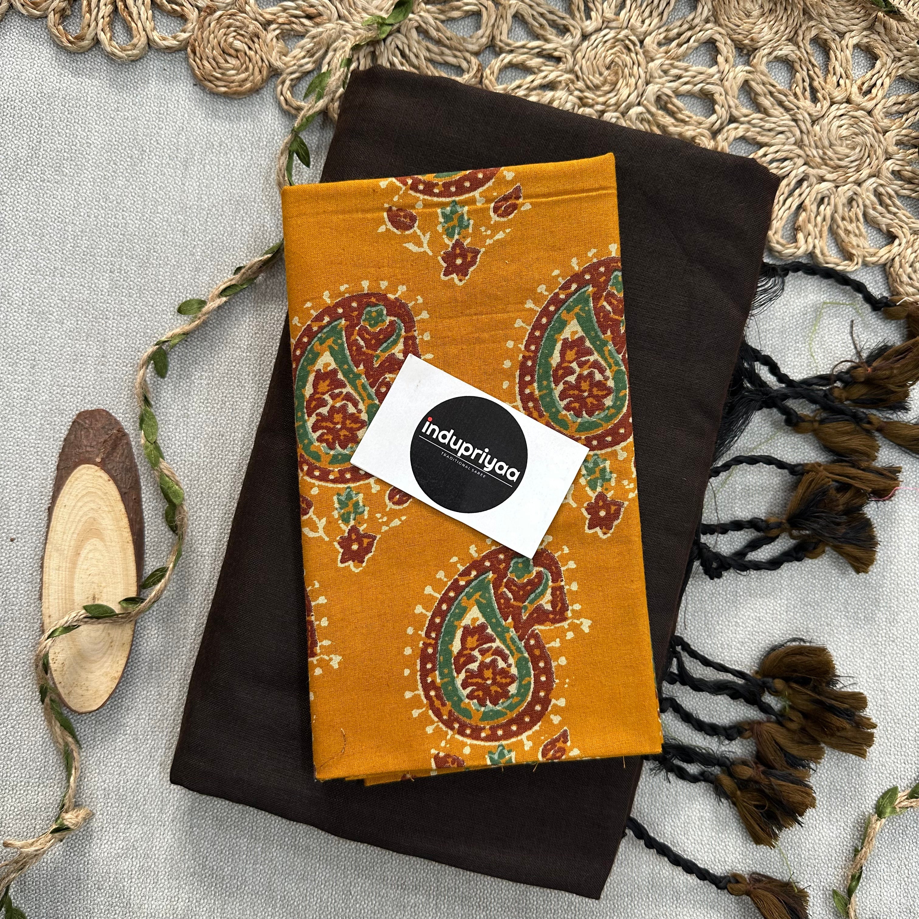 Brown Handloom Cotton Saree With Mango Print Blouse