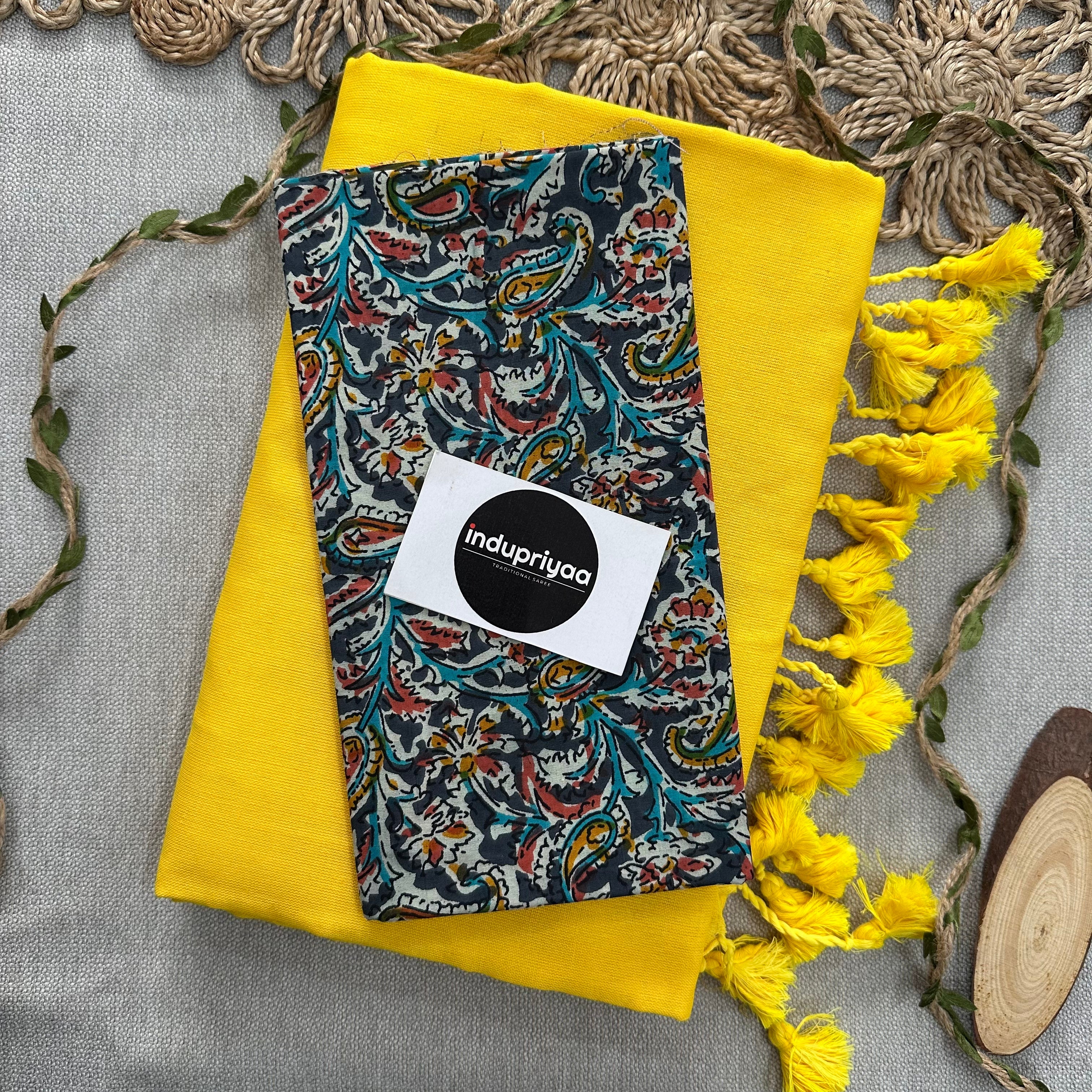 Yellow Handloom Cotton Saree With Kalmkari Print Blouse