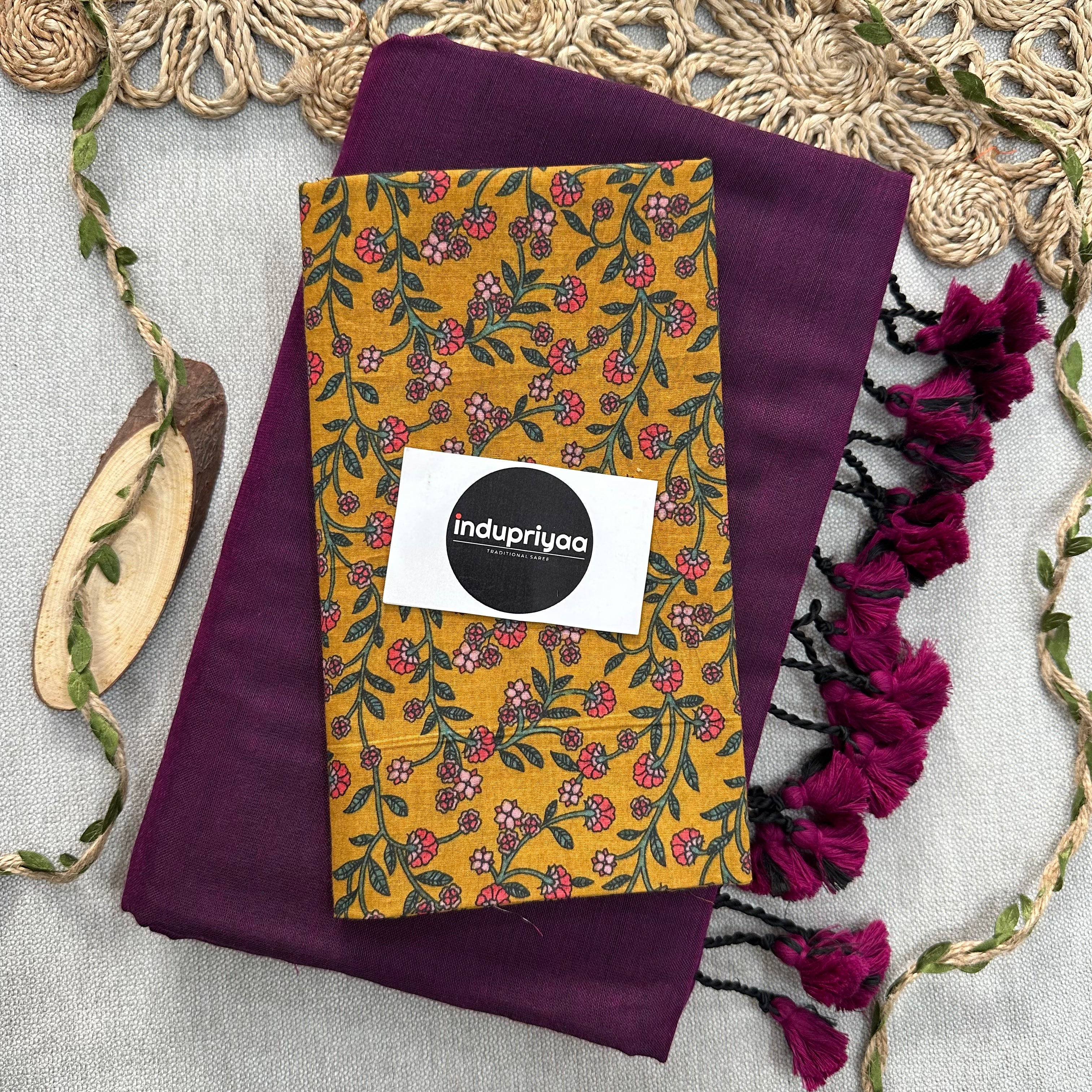 Wine Handloom Cotton Saree With Leaf Print Blouse