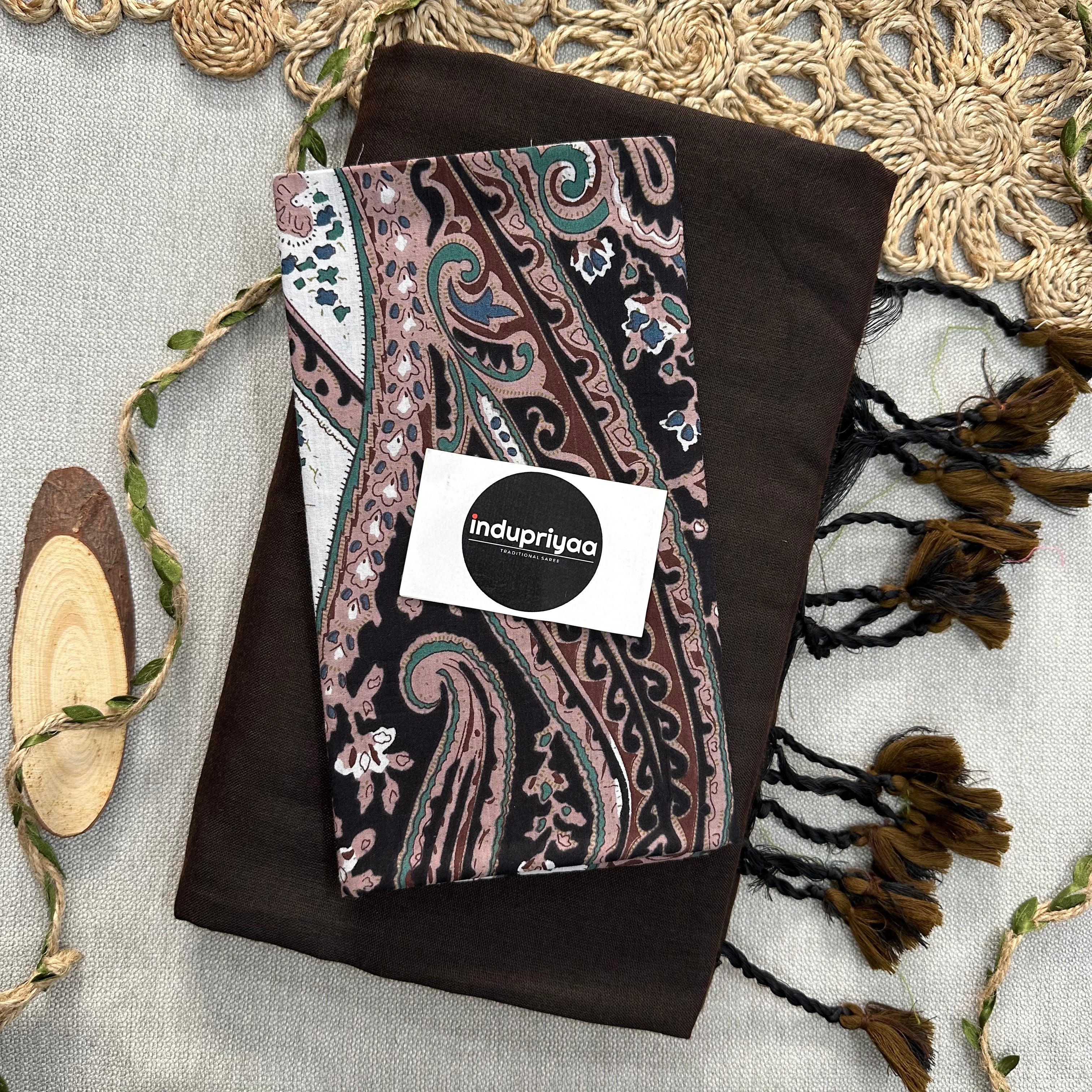 Brown Handloom Cotton Saree With Mango Print Blouse