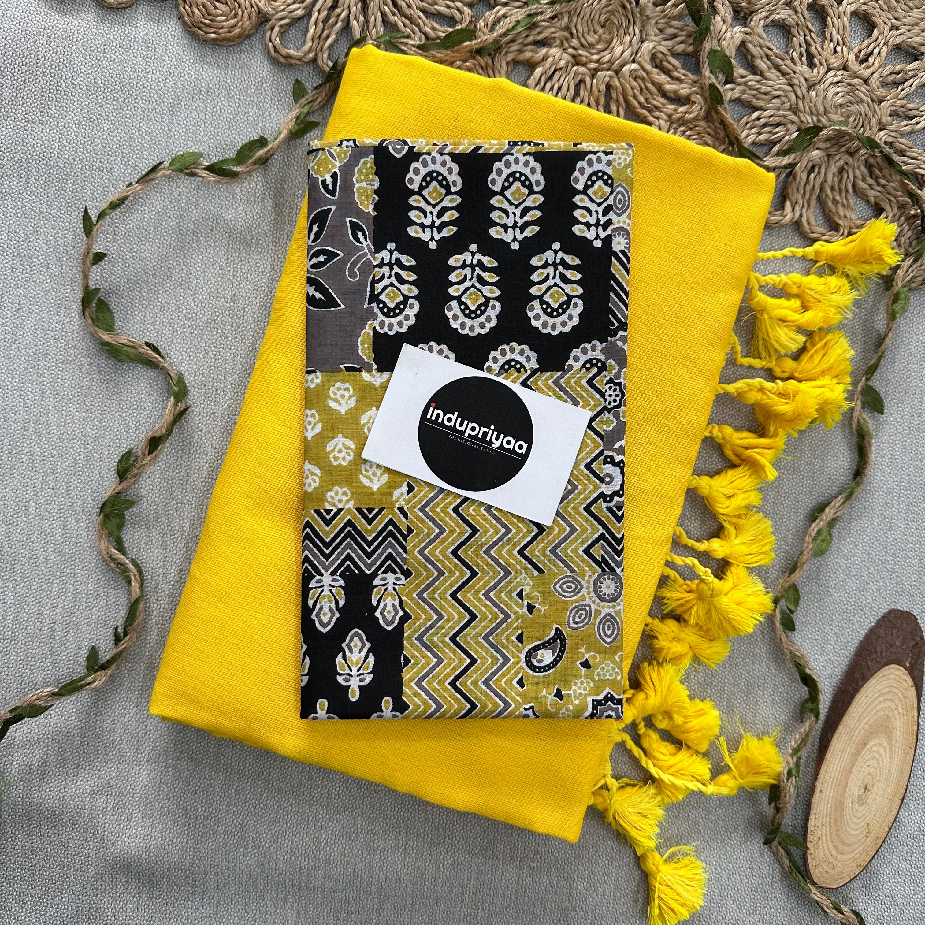 Yellow Handloom Cotton Saree With Multiple Print Blouse