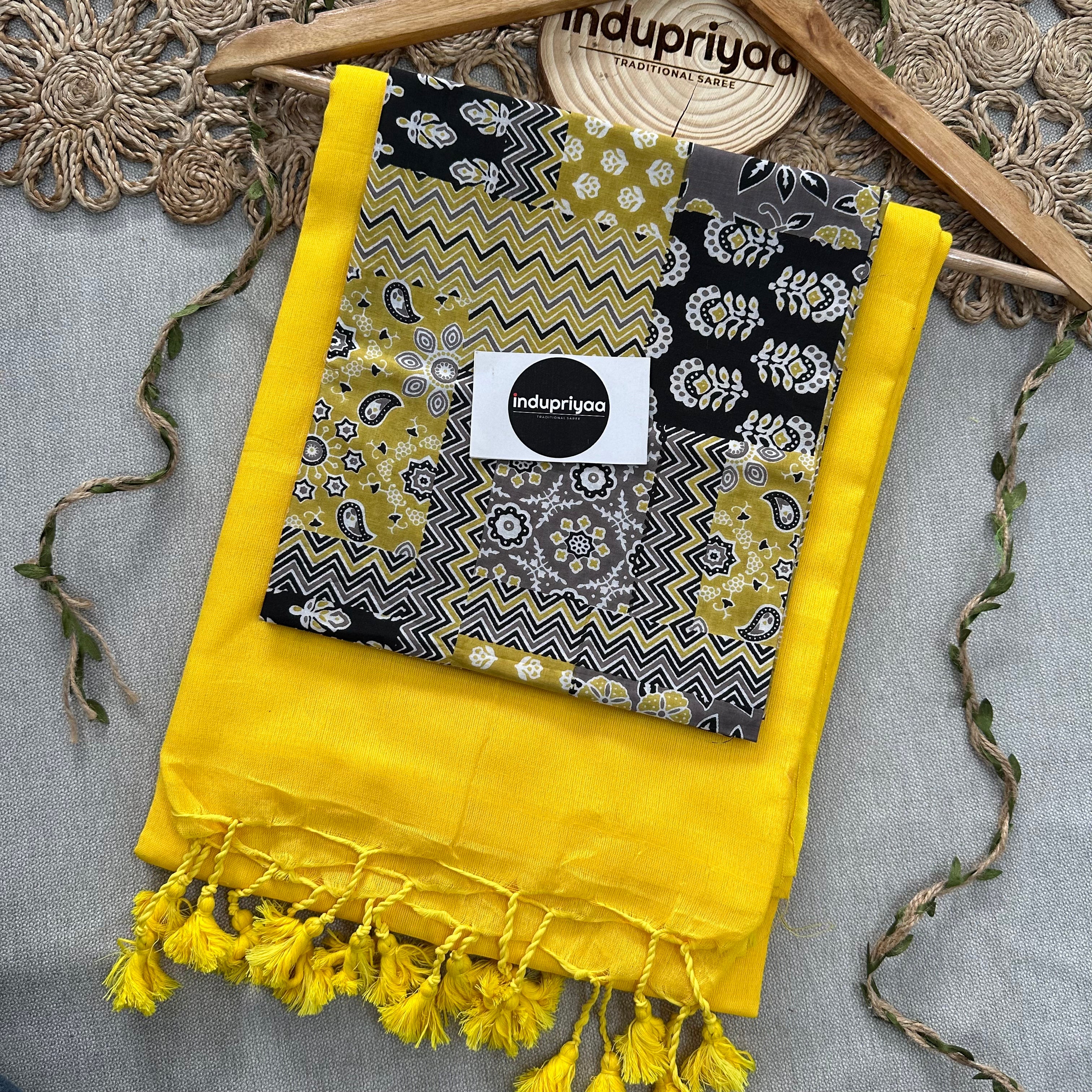 Yellow Handloom Cotton Saree With Multiple Print Blouse