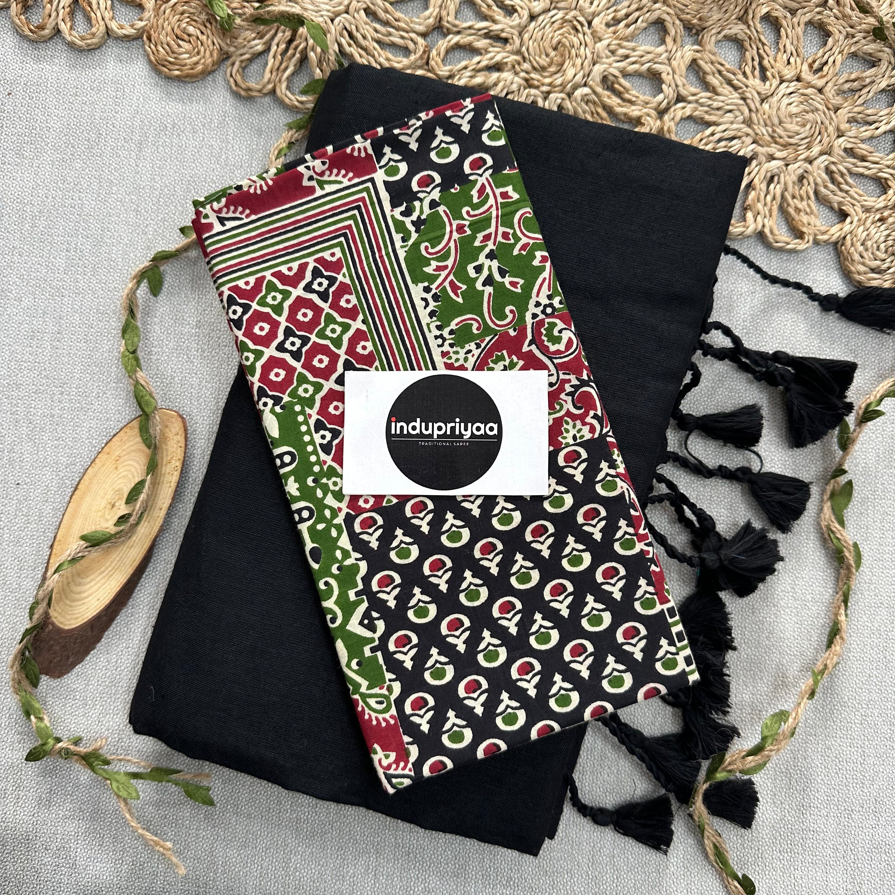 Black Handloom Cotton Saree With Multiple Print Blouse