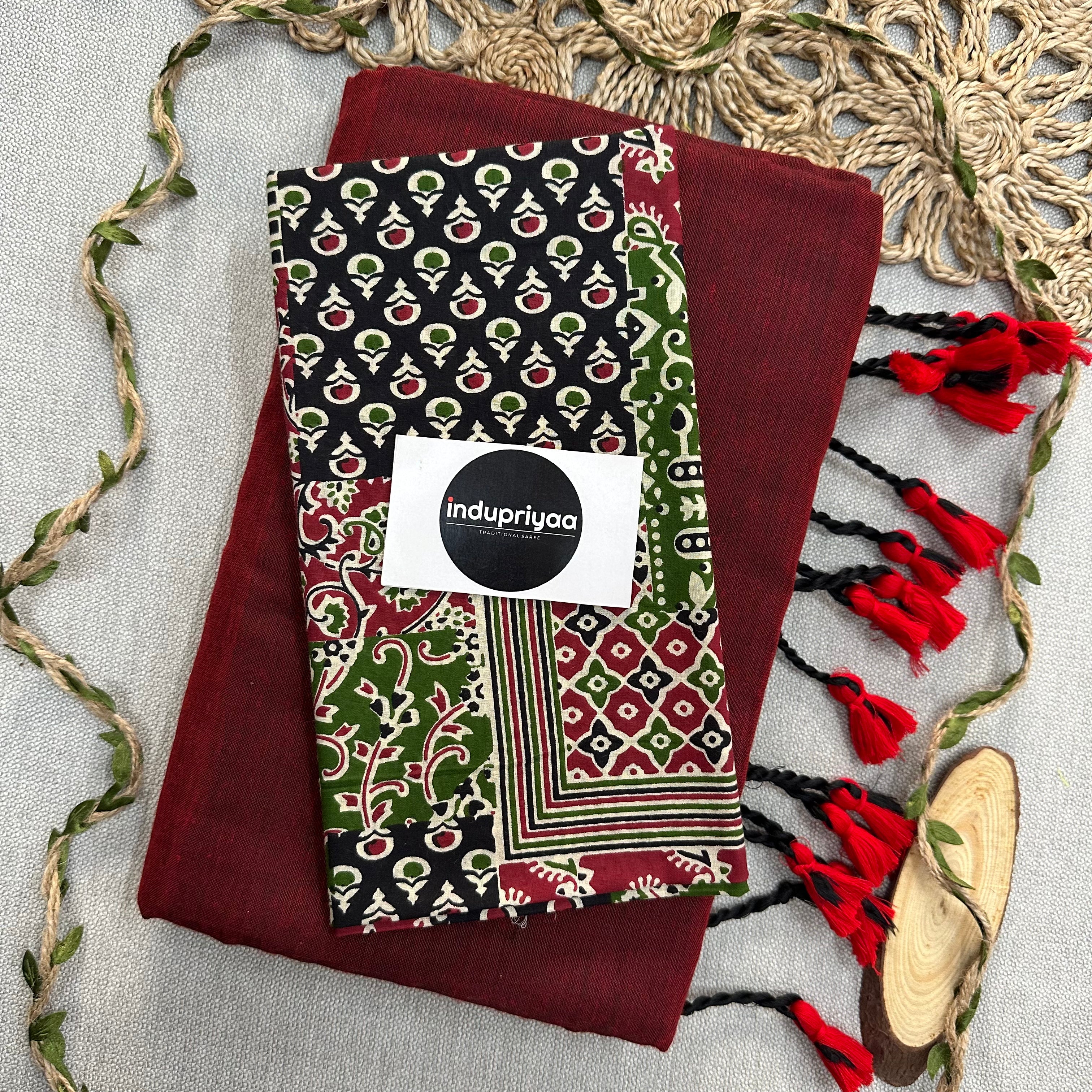 Marun Handloom Cotton Saree With Multiple Print Blouse