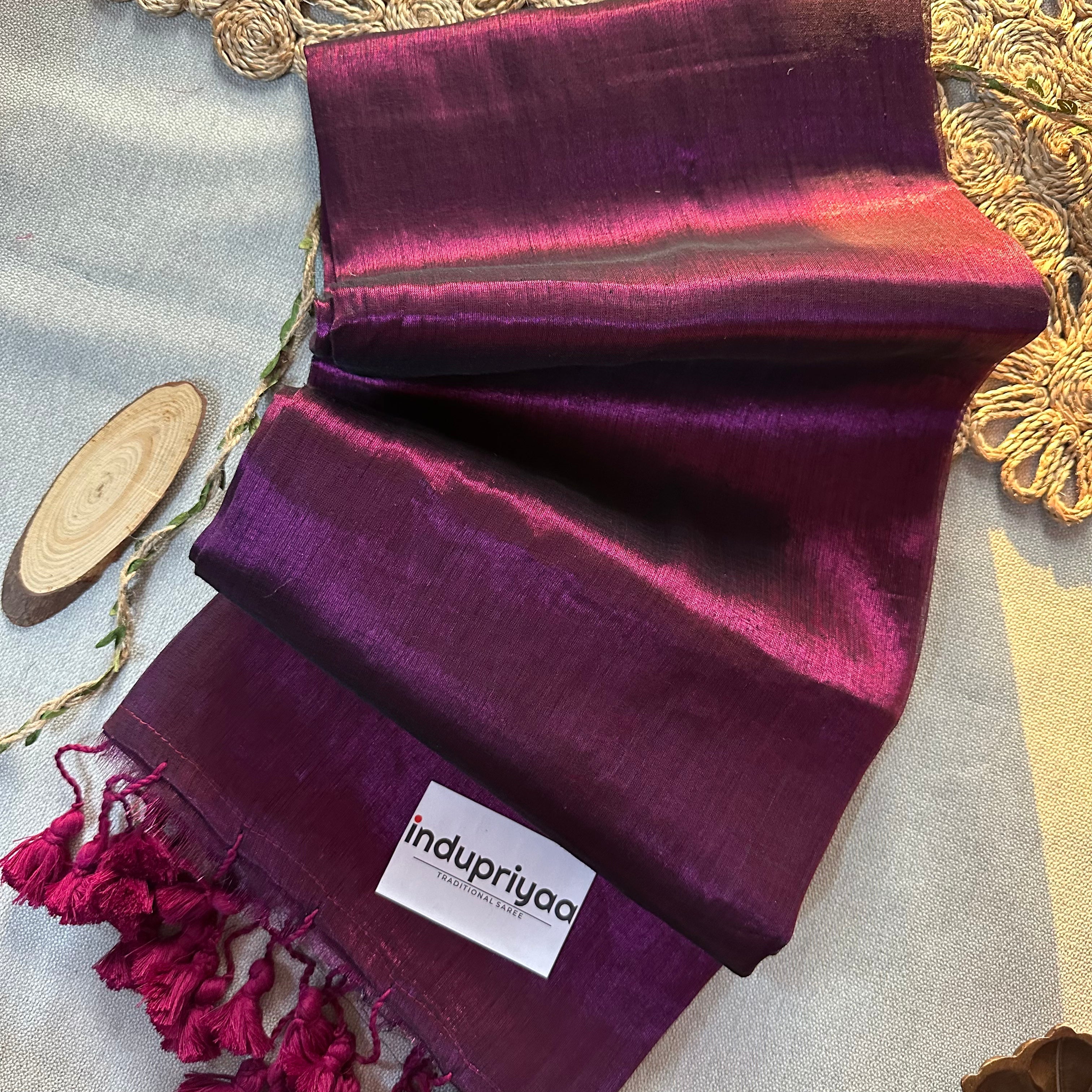 Indupriyaa  Wine Pom Pom Handloom Raga Tissue Saree