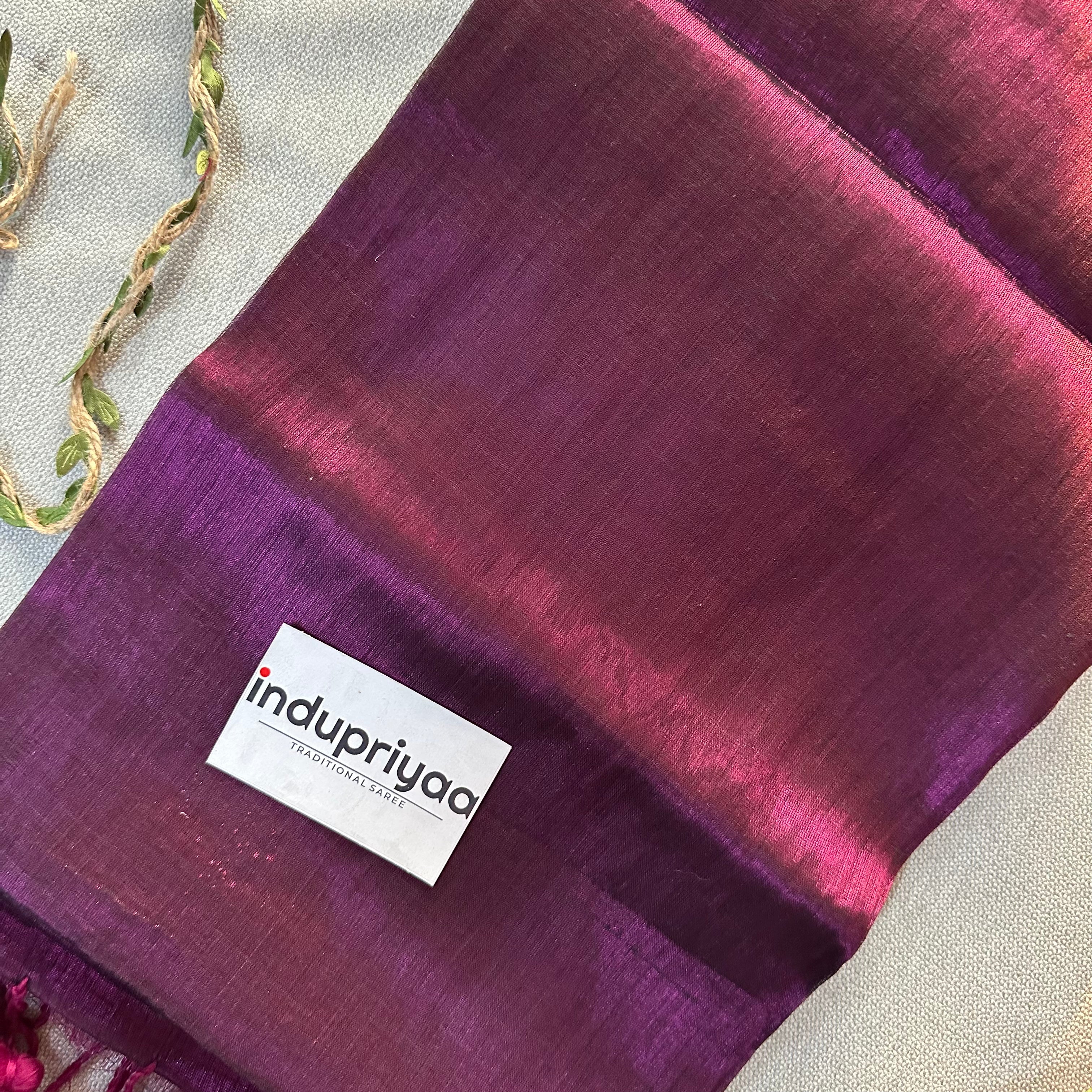 Indupriyaa  Wine Pom Pom Handloom Raga Tissue Saree