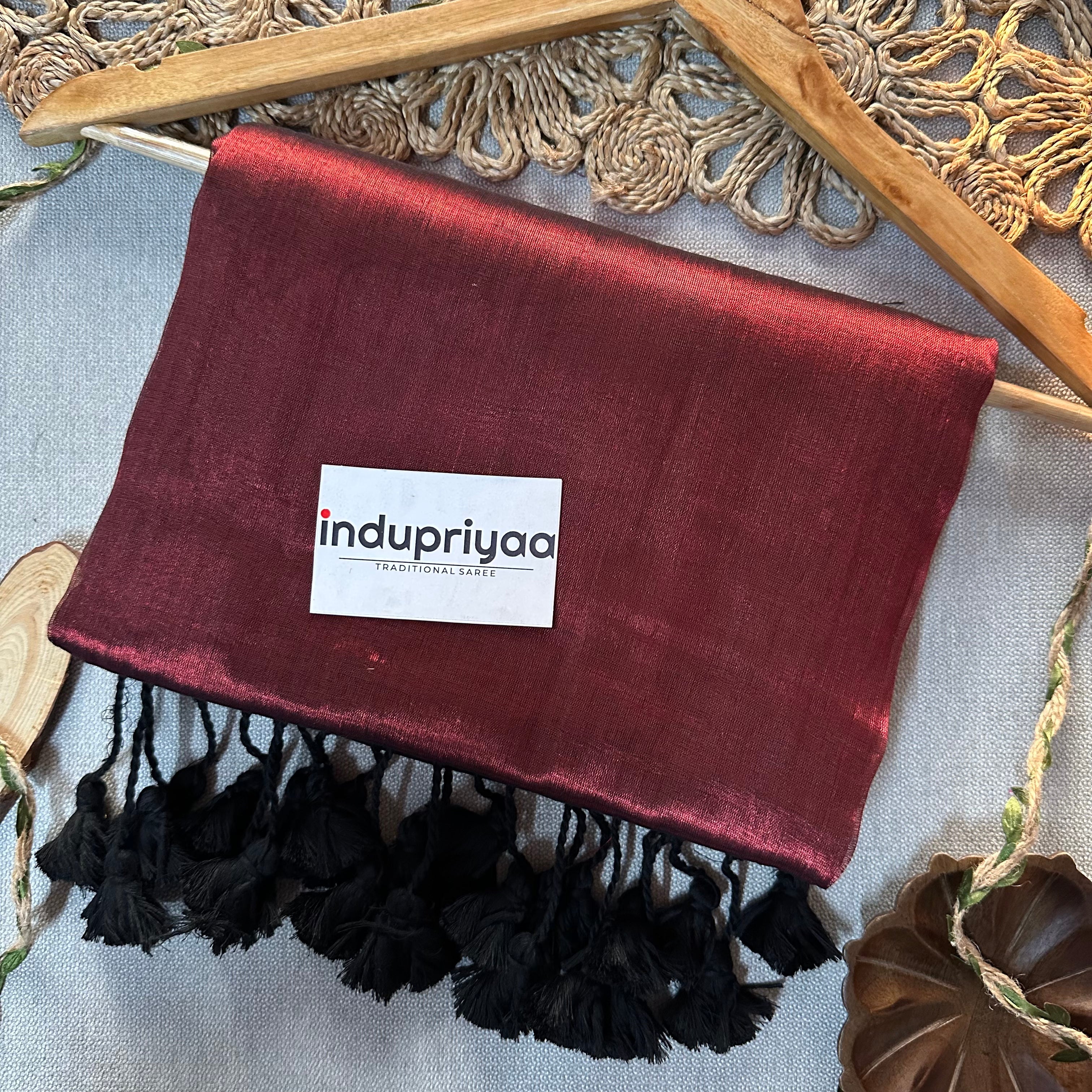 Indupriyaa Maroon Pom Pom Handloom Raga Tissue Saree