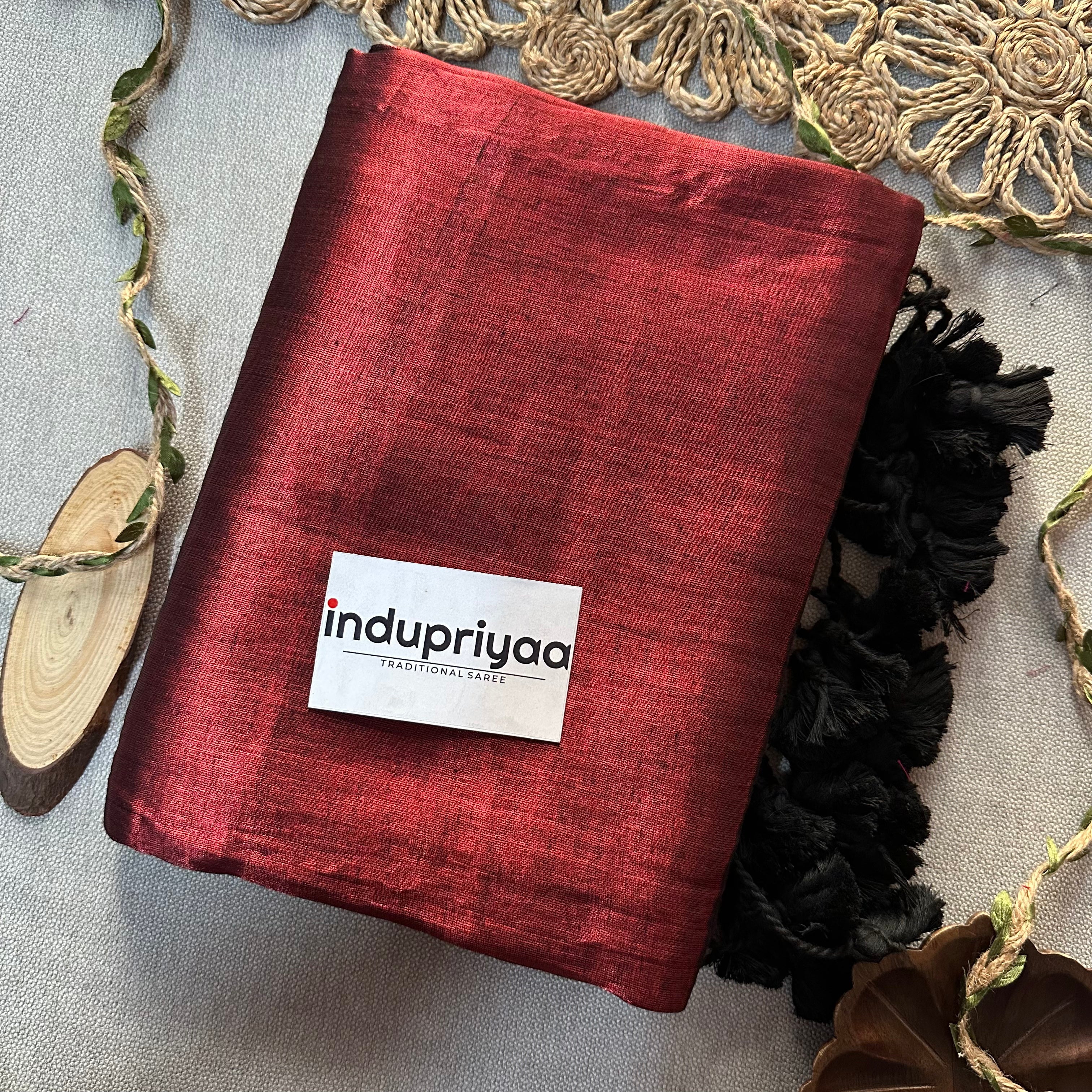 Indupriyaa Maroon Pom Pom Handloom Raga Tissue Saree