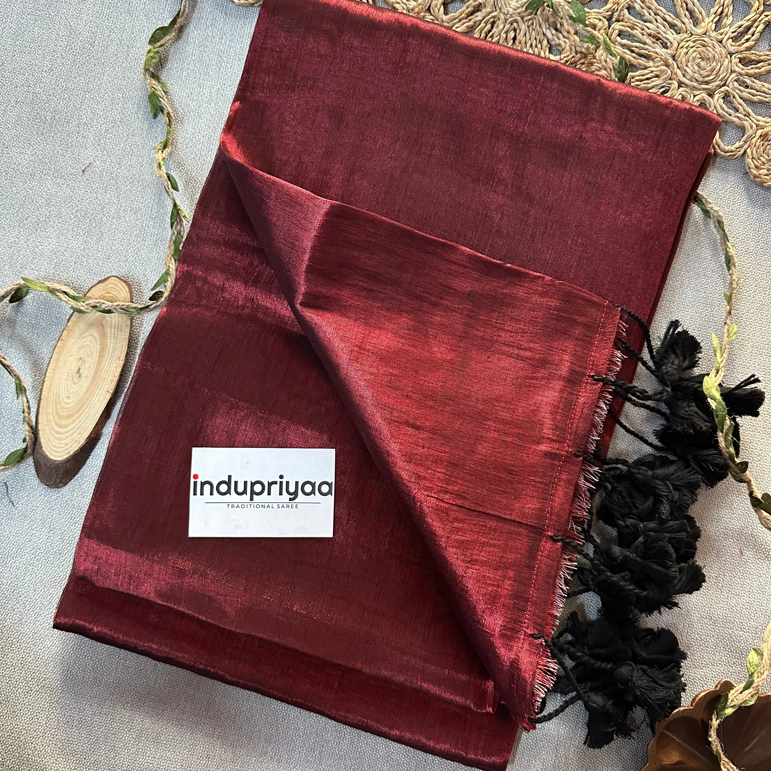 Indupriyaa Maroon Pom Pom Handloom Raga Tissue Saree