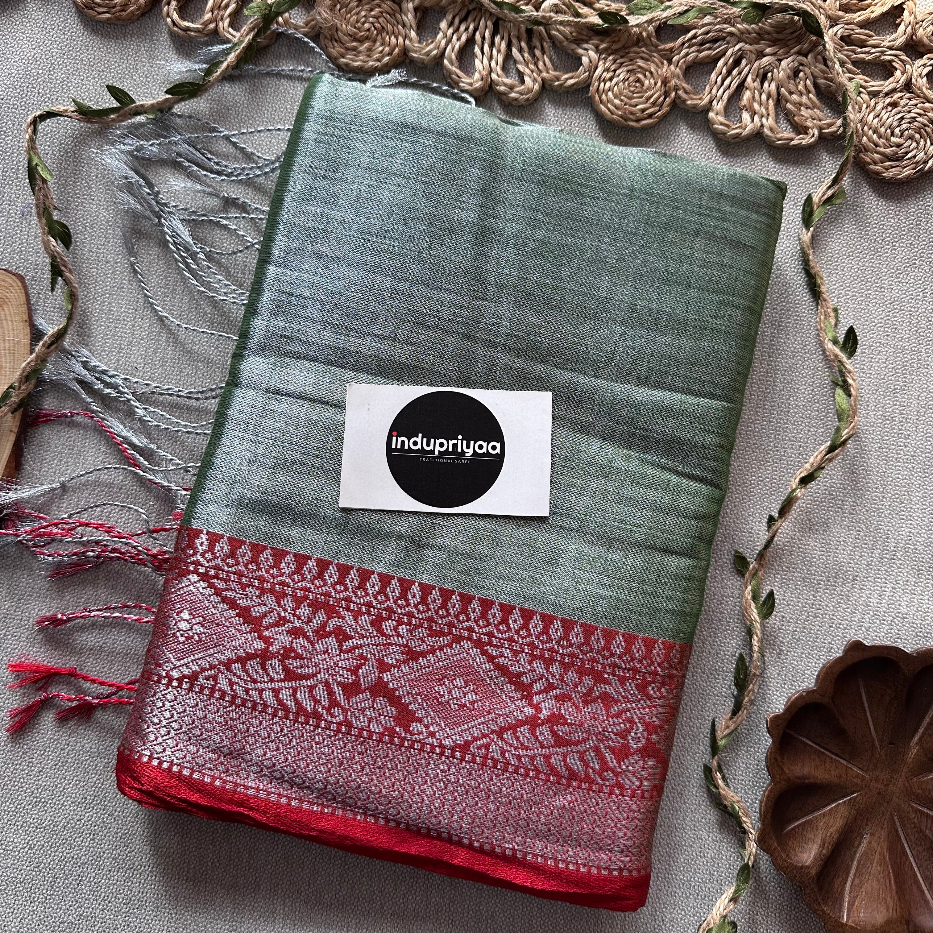 Indupriyaa Mehndi Green Handloom Raga Tissue Saree