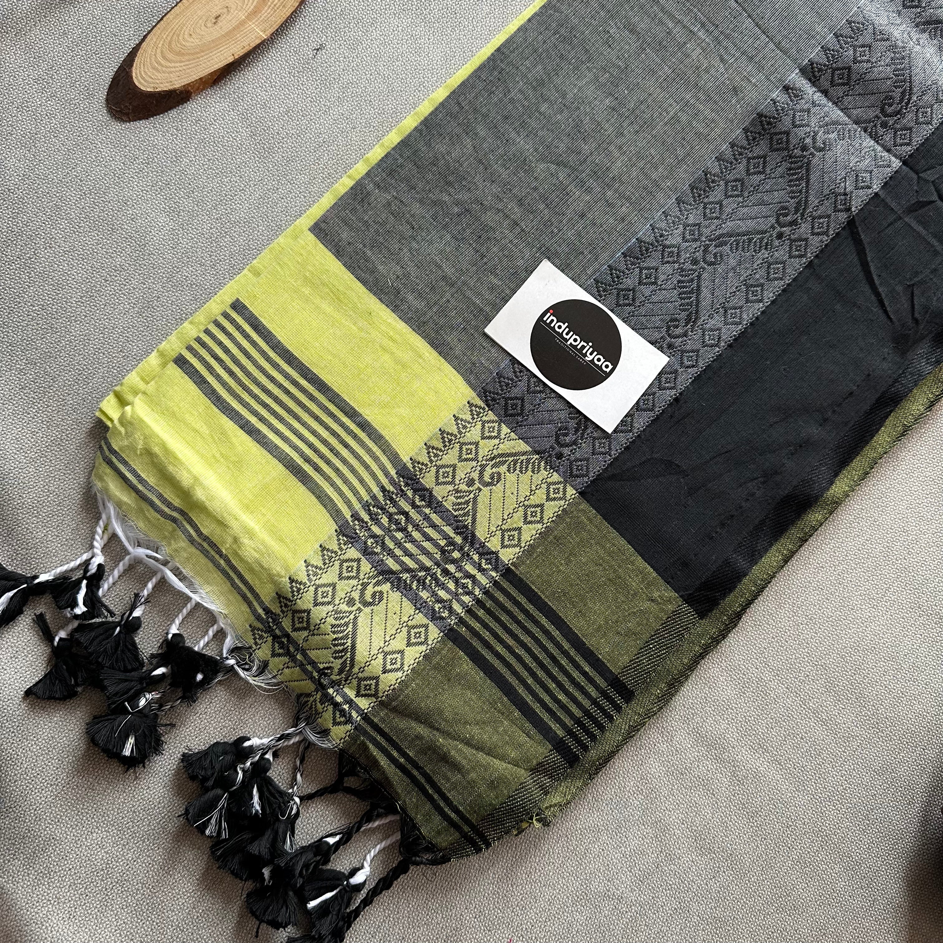 IndupriyaaLemon Yellow Nd Green Handloom Khadi Cotton Saree