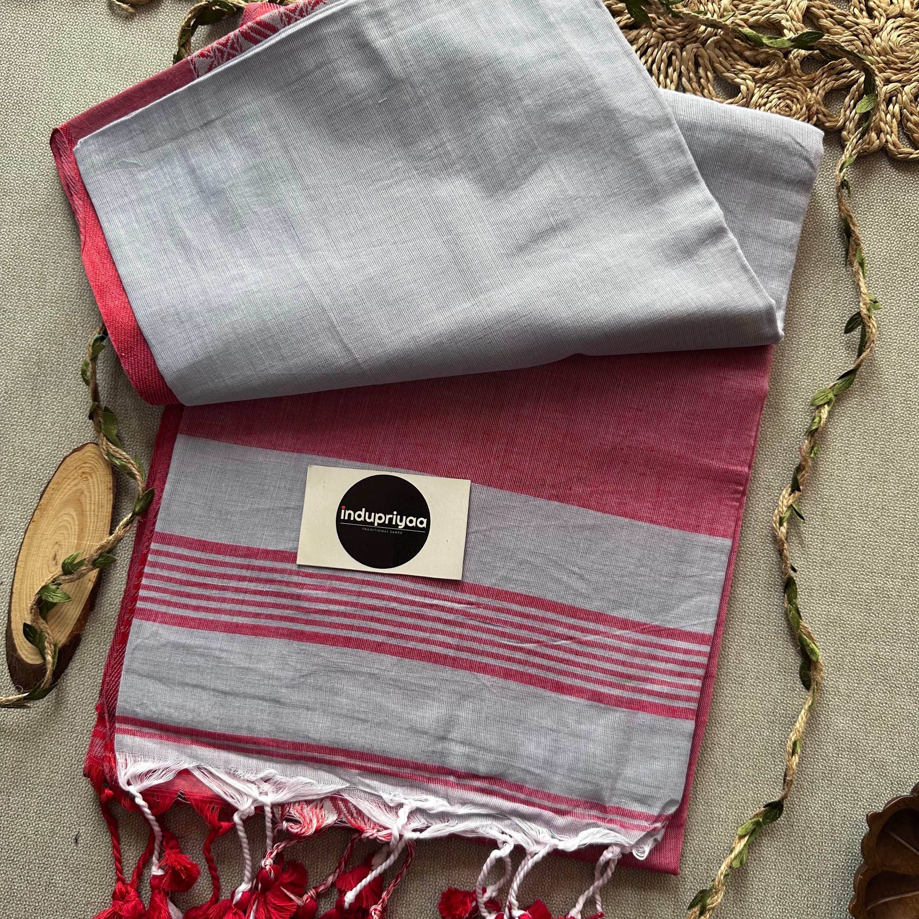Indupriyaa Blueish Grey Nd Red Handloom Khadi Cotton Saree