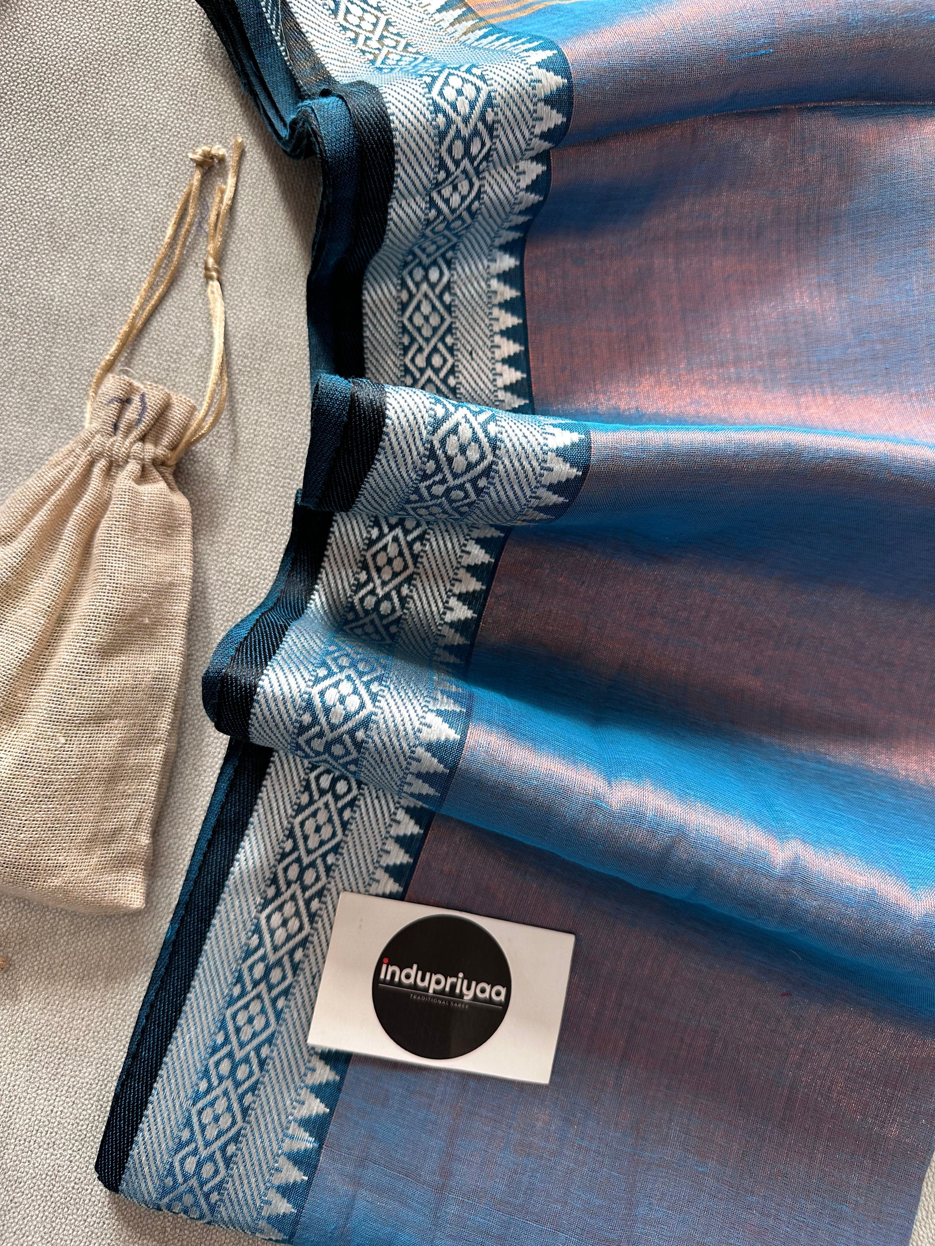 Indupriyaa Firoji Blue Handloom Raga Tissue Saree