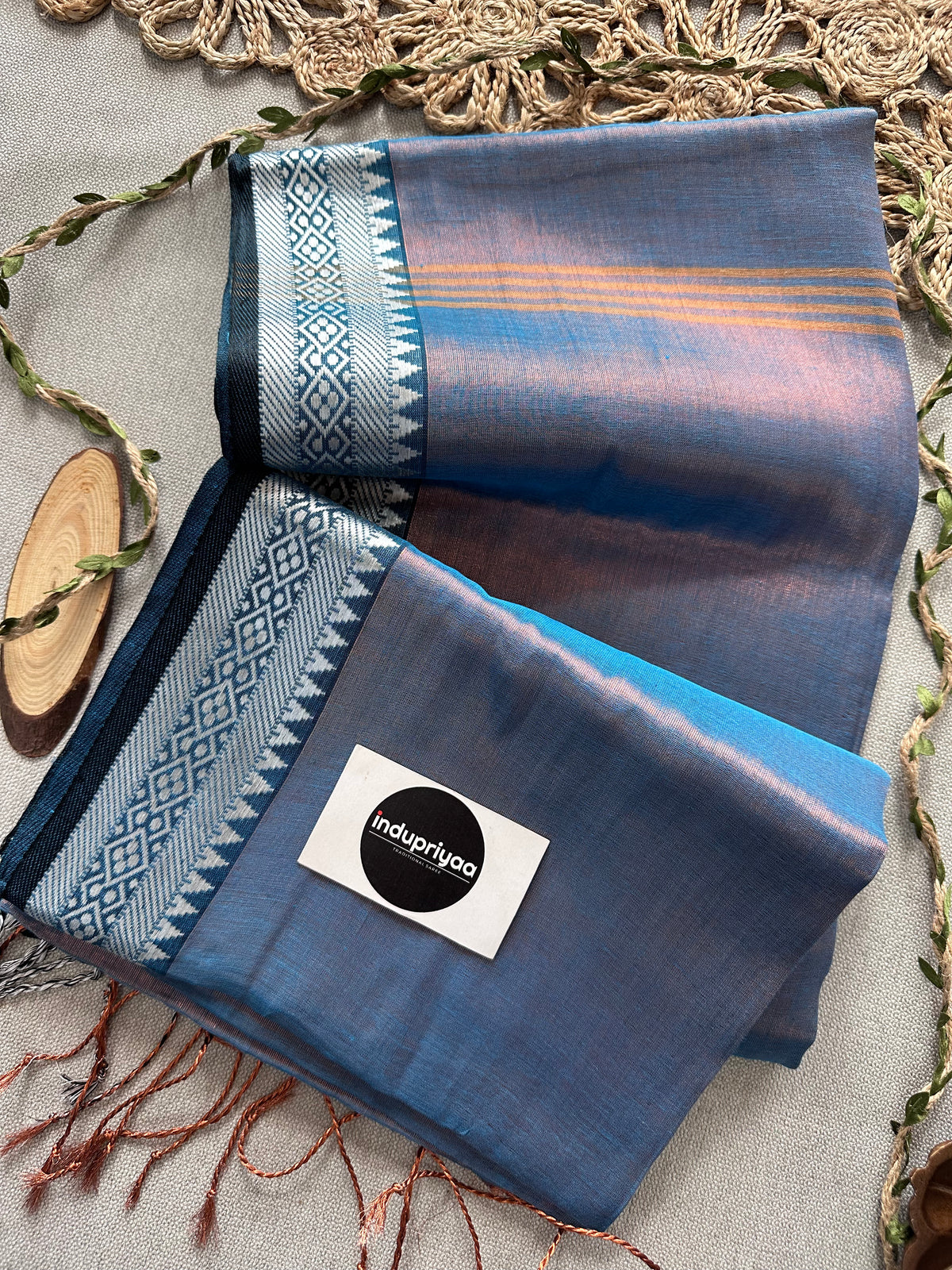 Indupriyaa Firoji Blue Handloom Raga Tissue Saree