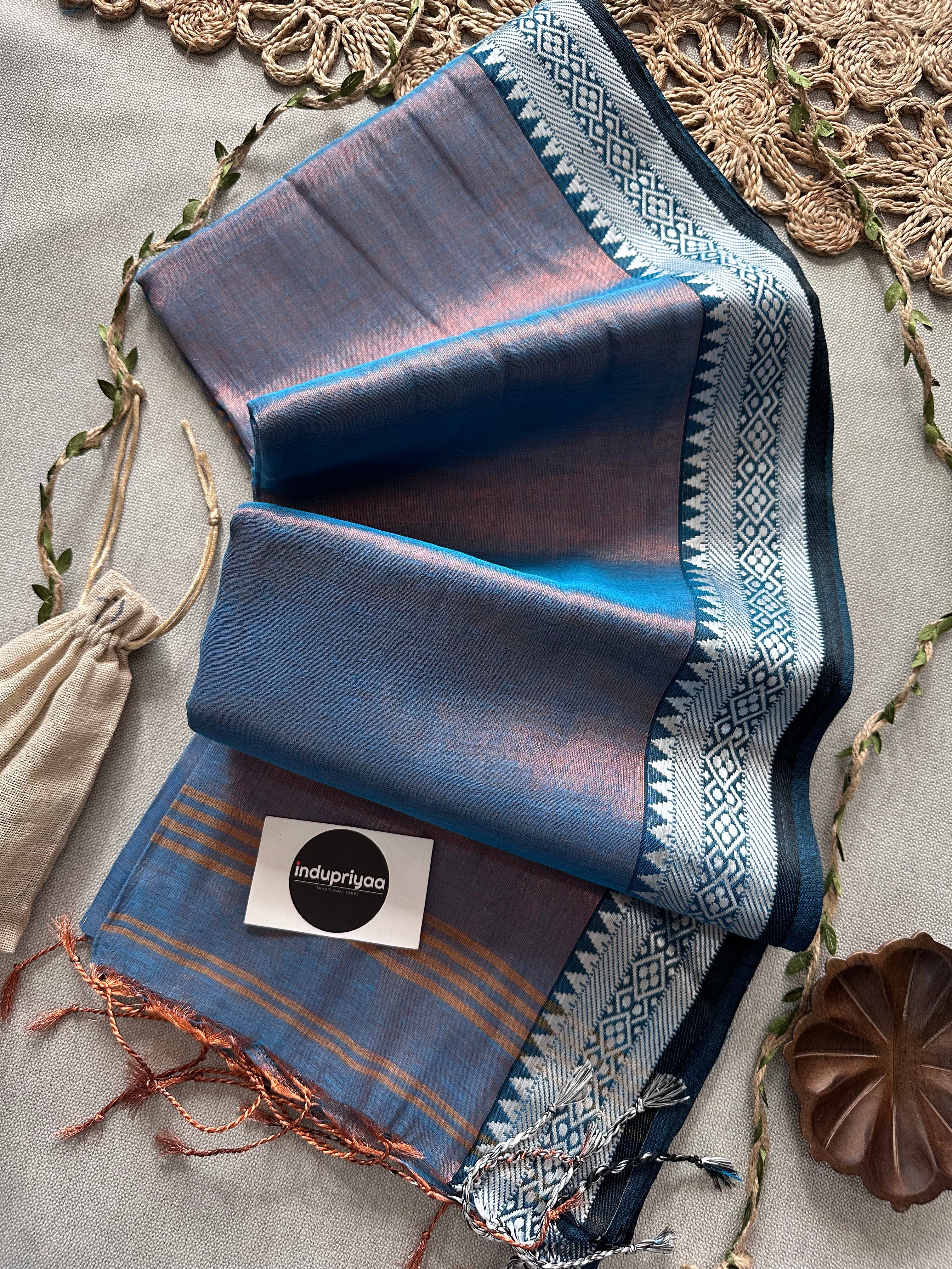 Indupriyaa Firoji Blue Handloom Raga Tissue Saree