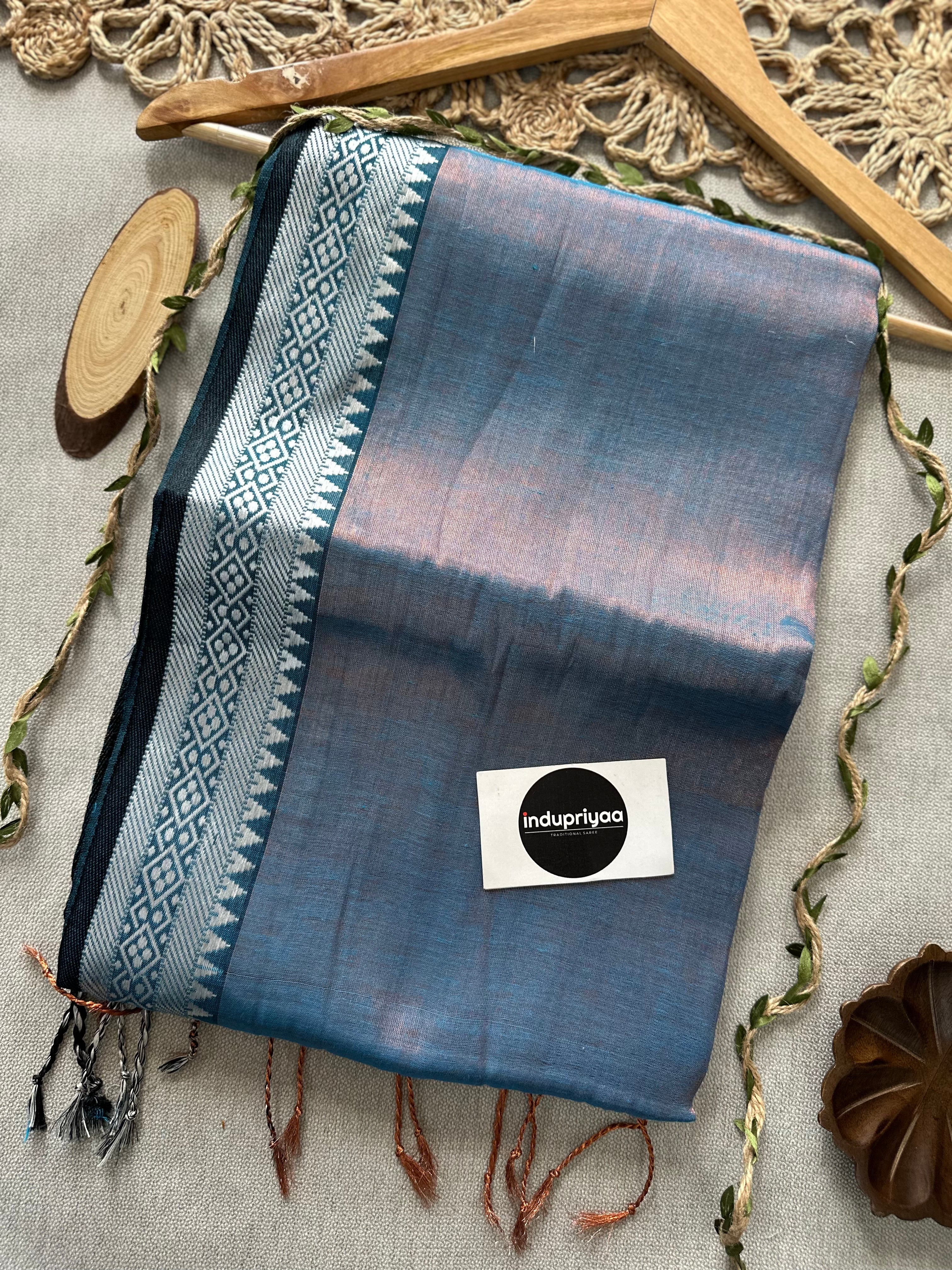 Indupriyaa Firoji Blue Handloom Raga Tissue Saree