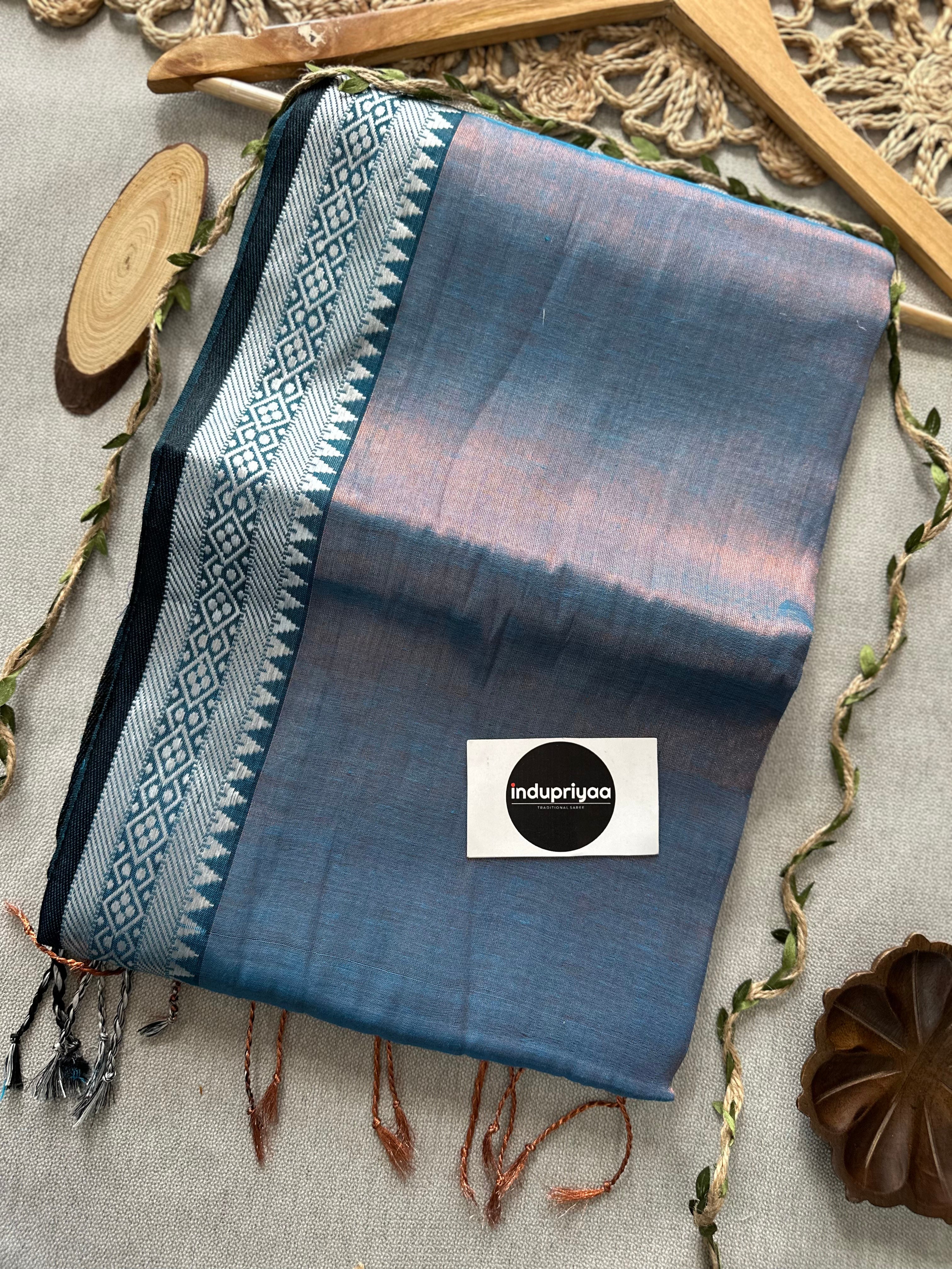 Indupriyaa Firoji Blue Handloom Raga Tissue Saree