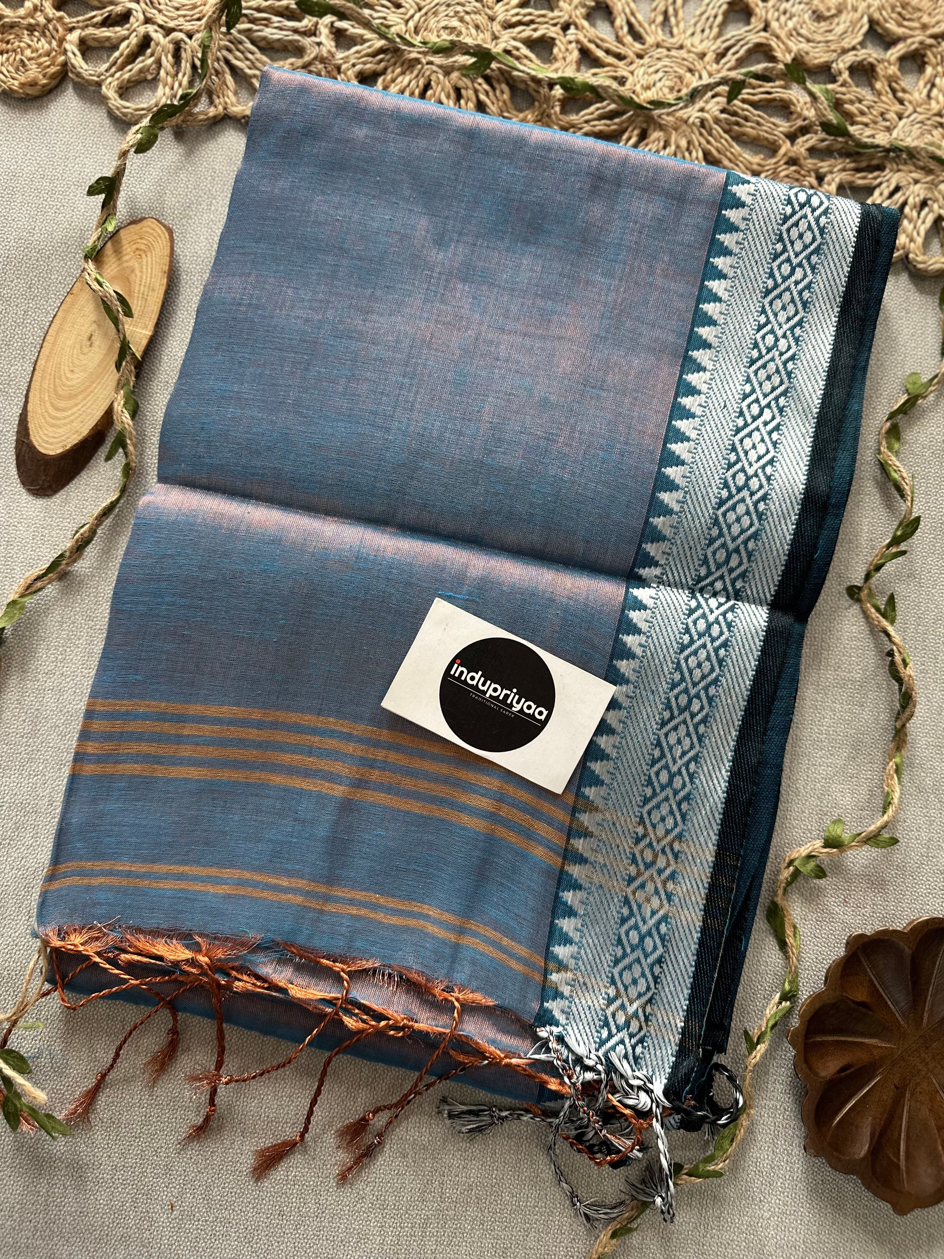 Indupriyaa Firoji Blue Handloom Raga Tissue Saree