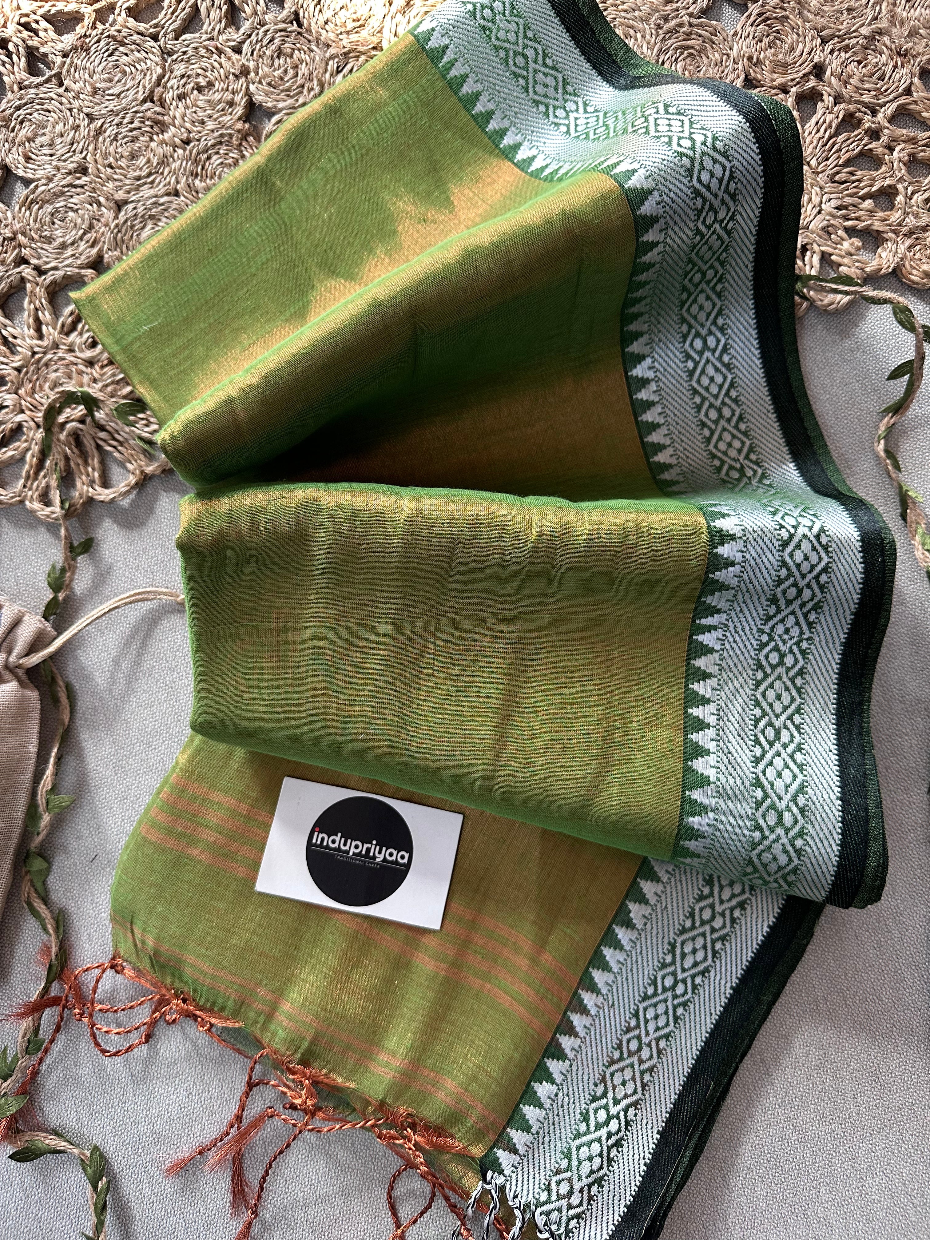 Indupriyaa Perrot Green Temple Designe  Handloom Raga Tissue Saree