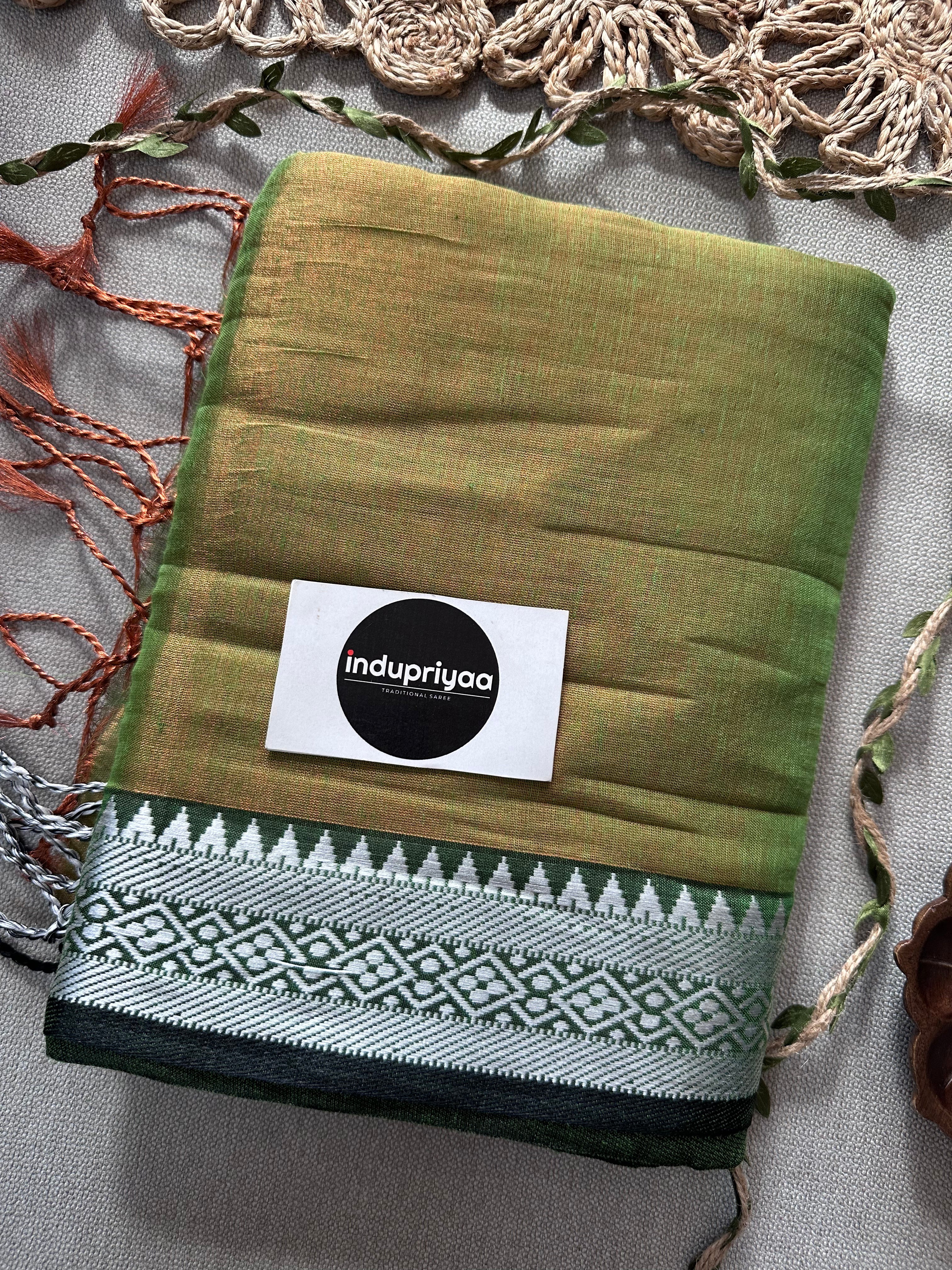 Indupriyaa Perrot Green Temple Designe  Handloom Raga Tissue Saree